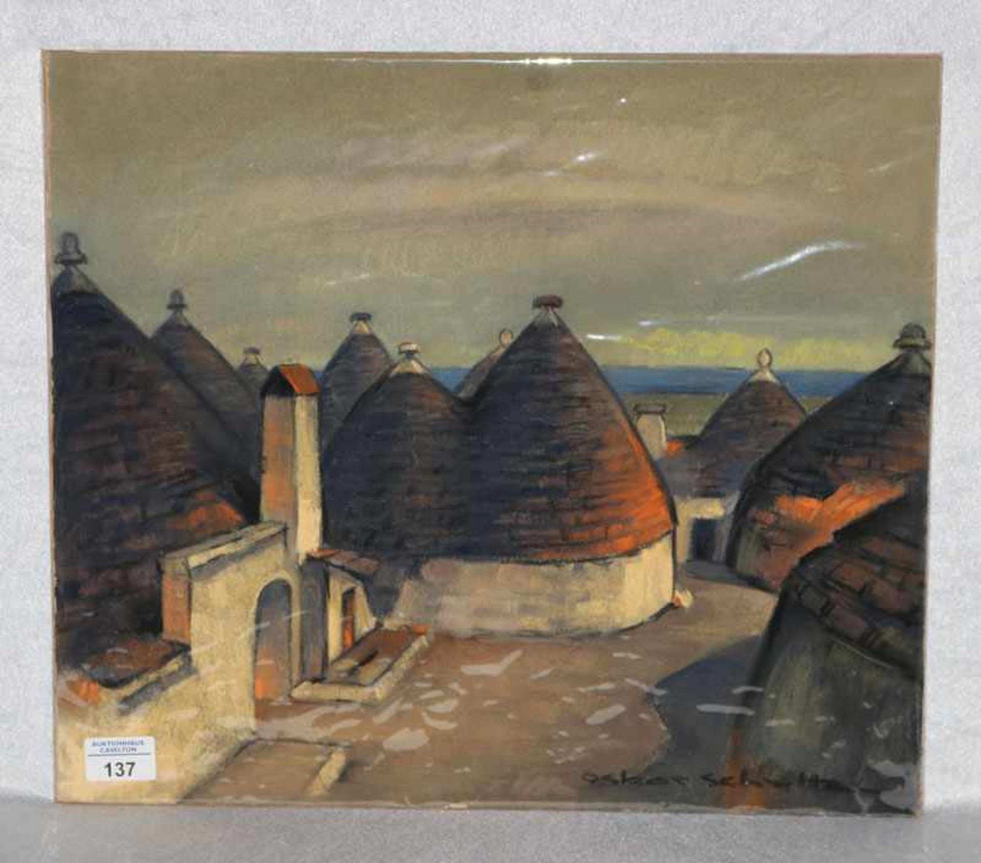 Gemälde Pastell 'Trulli, bei Bari', signiert Oskar Schultz, * 11.5.1892 Warwen + 21.3.1971 Garmisch,