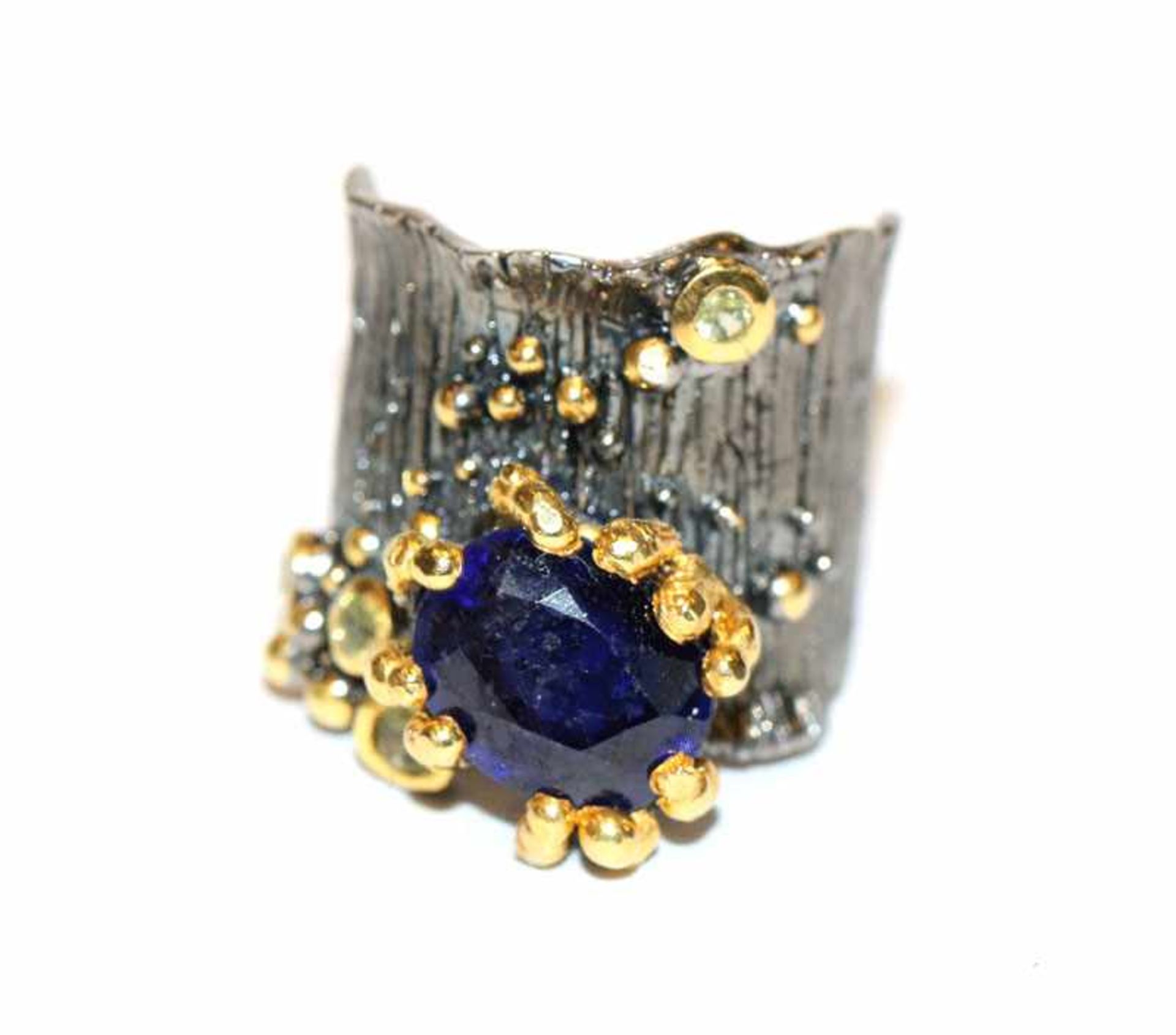 Sterlingsilber Designer Ring, teils vergoldet mit Safir, geprüft, Gr. 53, ausgefallene Handarbeit