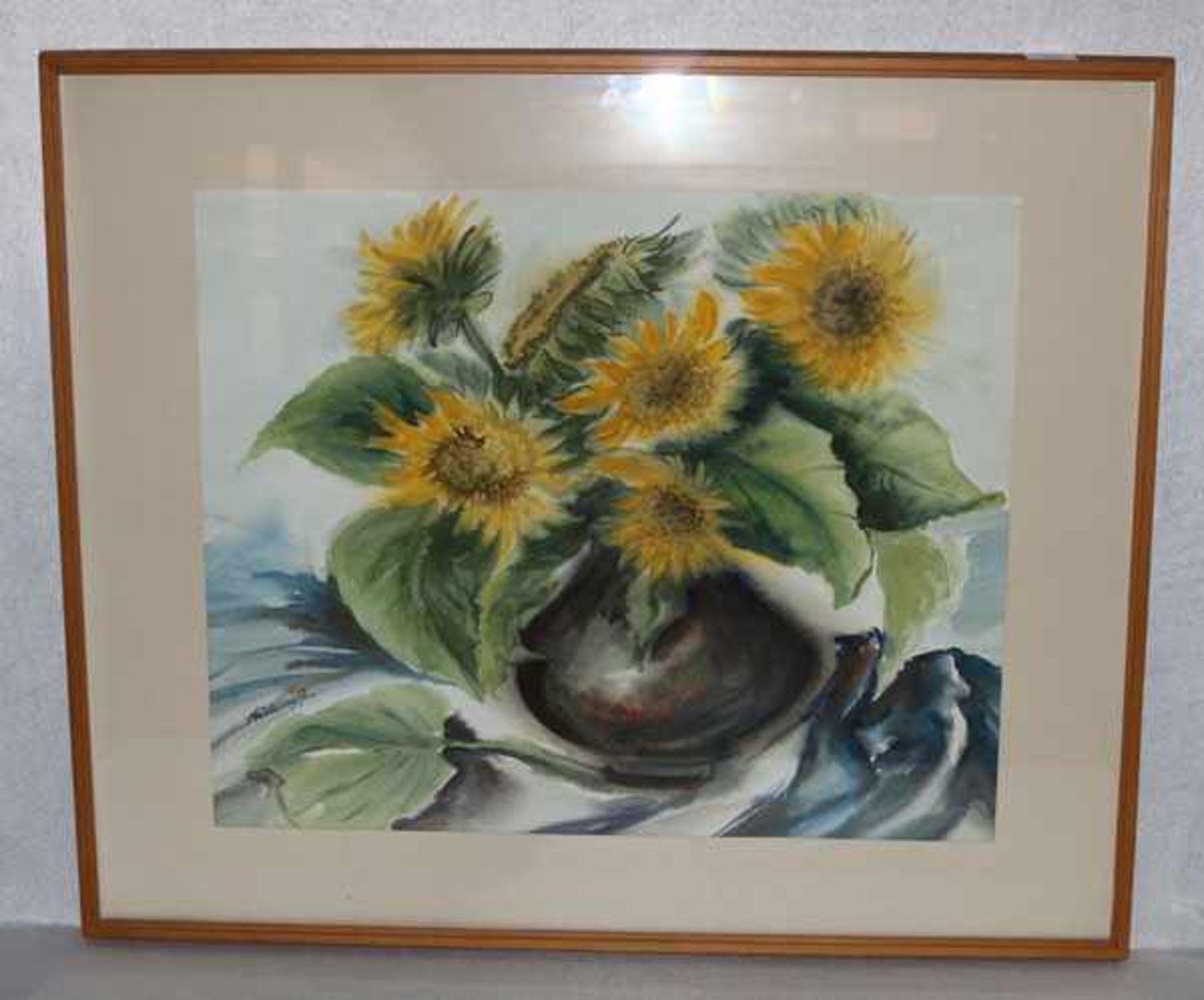 Gemälde Aquarell 'Sonnenblumen in Vase', signiert Hölbling, Franz, mit Passepartout unter Glas