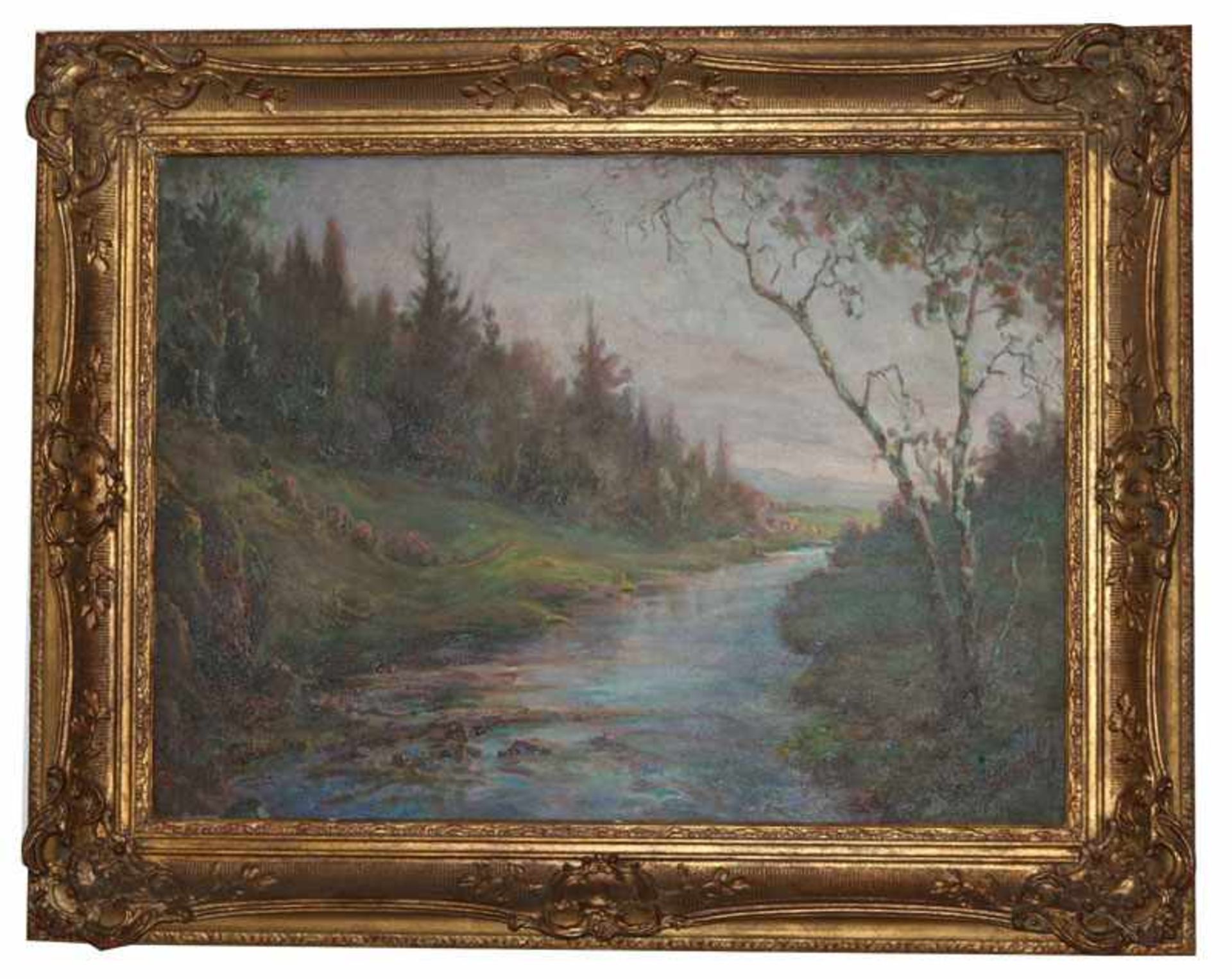 Gemälde ÖL/LW 'Landschafts-Szenerie mit Bachlauf', kyrillisch signiert, datiert 47, stilvoll