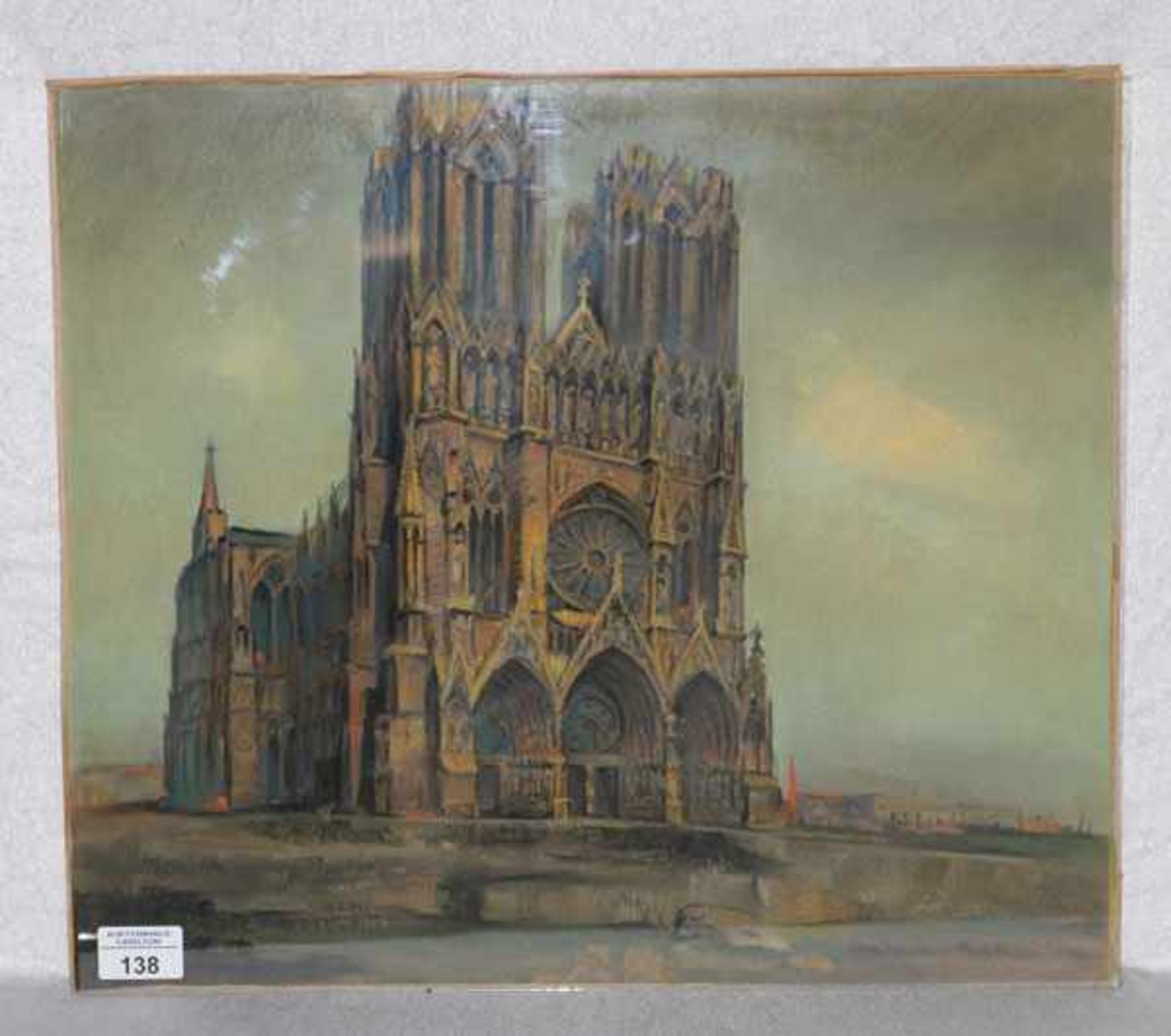 Gemälde Pastell 'Notre Dame, Reims', signiert Oskar Schultz, * 11.5.1892 Warwen + 21.3.1971