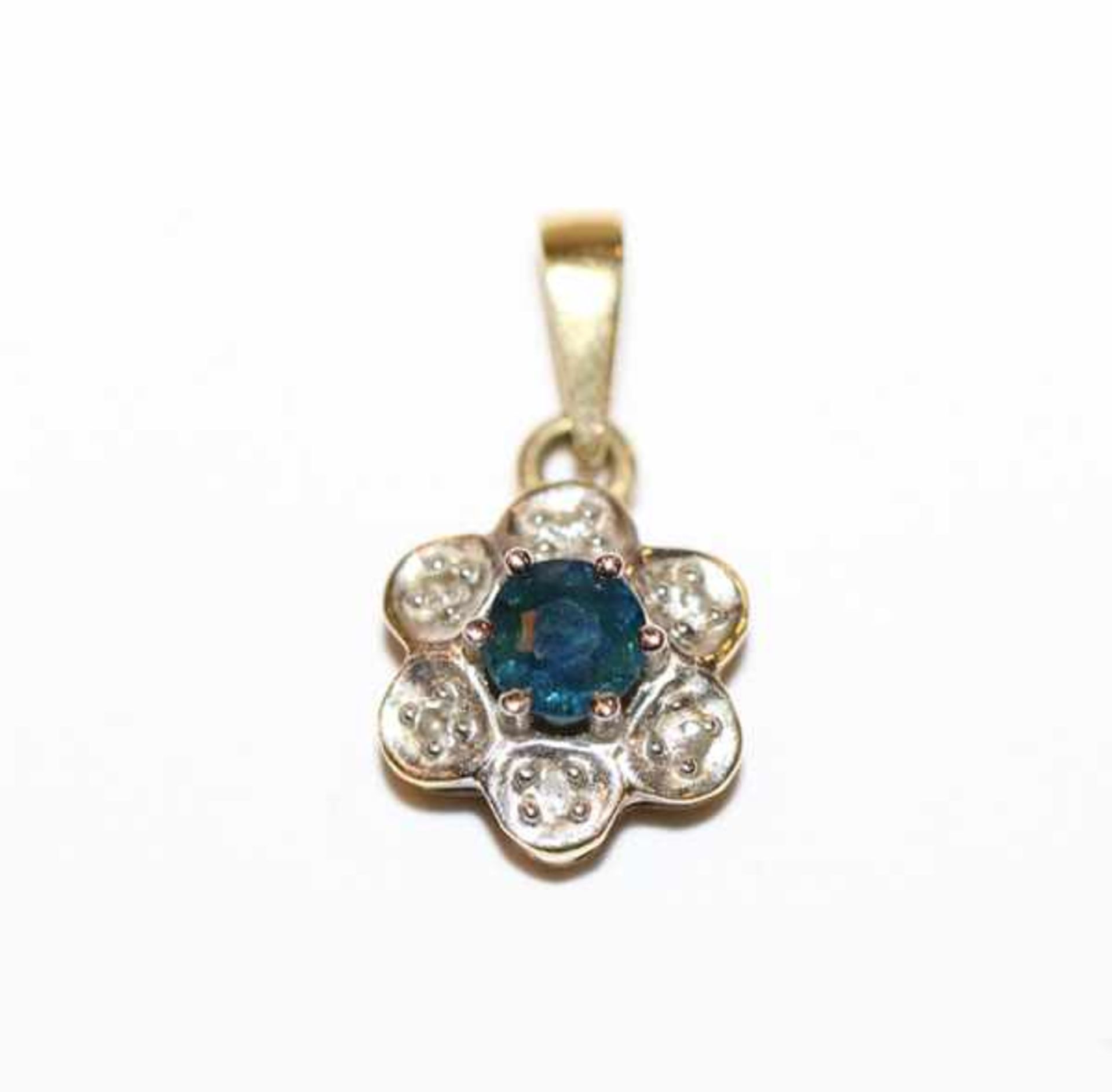 14 k Gelb- und Weißgold Anhänger mit Safir und Diamanten, D 1 cm