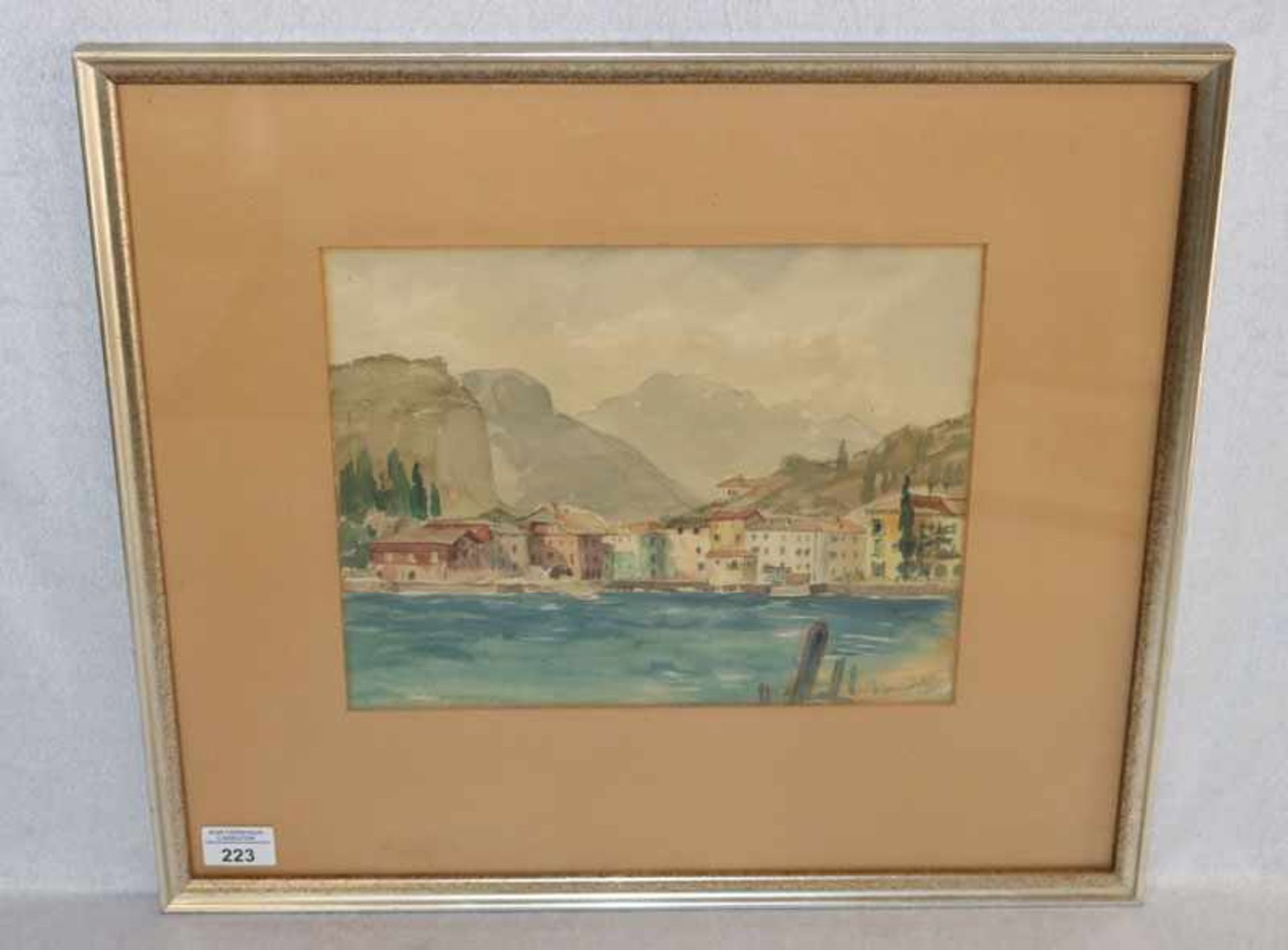 Aquarell 'Gardasee', signiert Josef Strobel, mit Passepartout unter Glas gerahmt, incl. Rahmen 46 cm