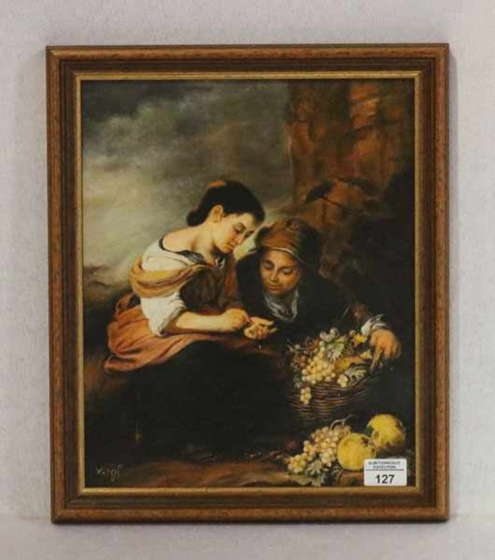 Gemälde ÖL/Malkarton 'Die kleine Obstverkäuferin' nach Murillo, signiert Vogt, Garmisch 1995,