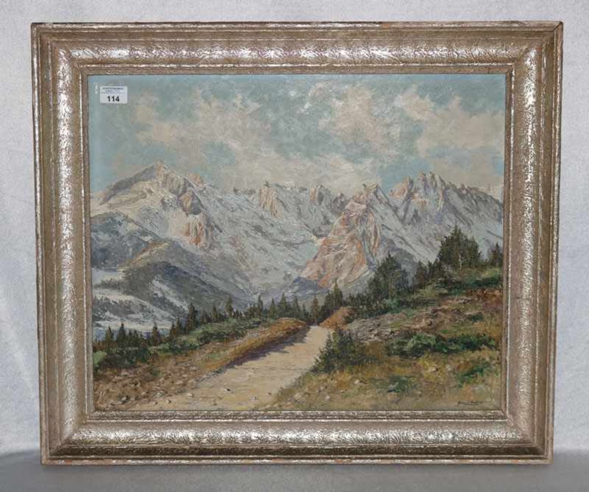 Gemälde ÖL/Hartfaser 'Blick aufs Wettersteingebirge', signiert Egon J. Rosbroy, Ohlstadt, * 1905 +