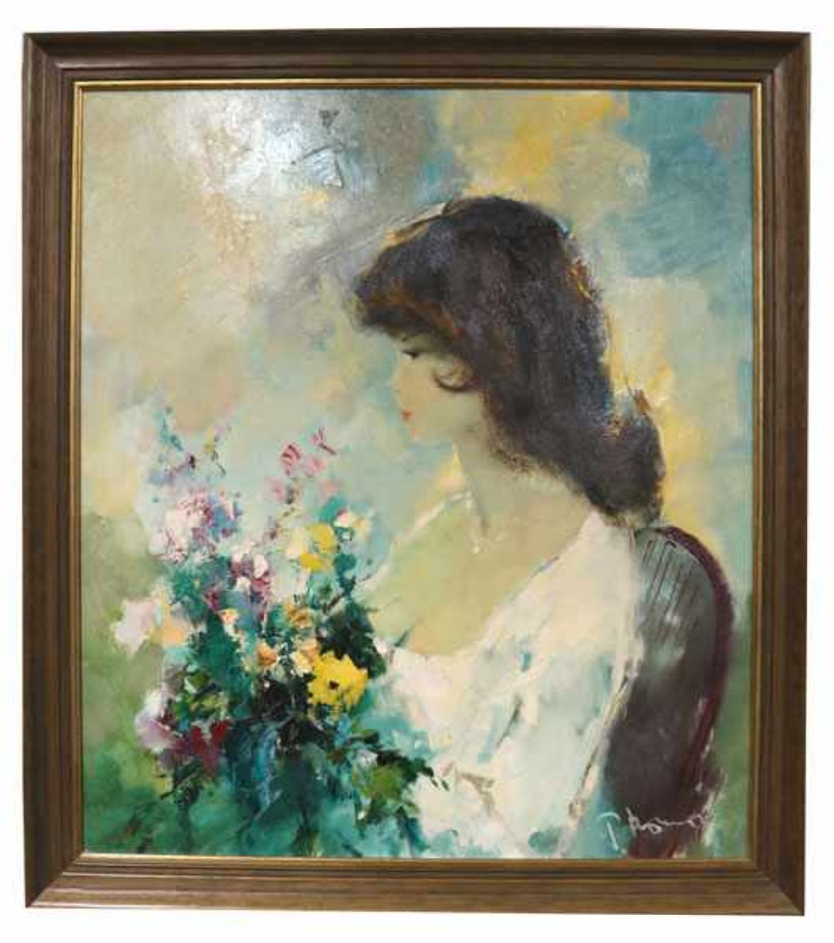Gemälde ÖL/LW 'Mädchen mit Blumen', signiert P. Morrò, * 1925 Leipzig + 2013, (Ingfried Henze),
