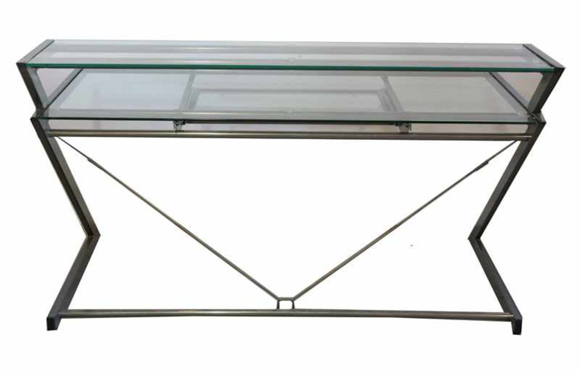 Designer Metall/Glas Schreibtisch auf 2 Ebenen und ausziehbarer Tastaturablage, H 74/91 cm, B 152