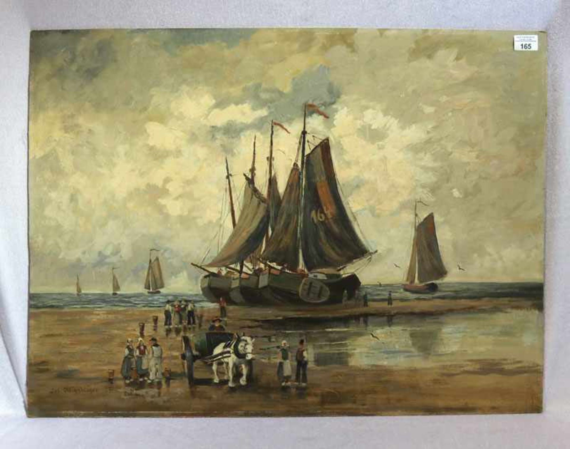 Gemälde ÖL/Hartfaser 'Holländische Küsten-Szenerie mit Grachten', signiert Jos. Ohligschläger, *