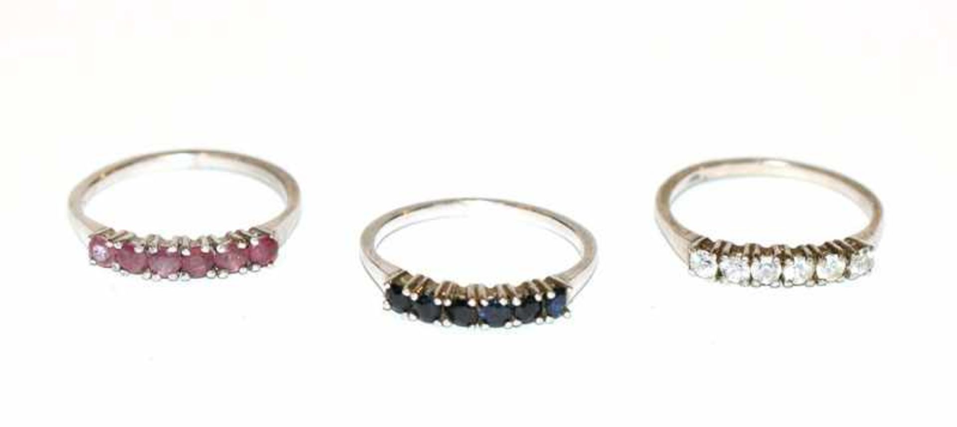 3 Silber Ringe mit weißen, roten und blauen Glassteinen, Gr. 60