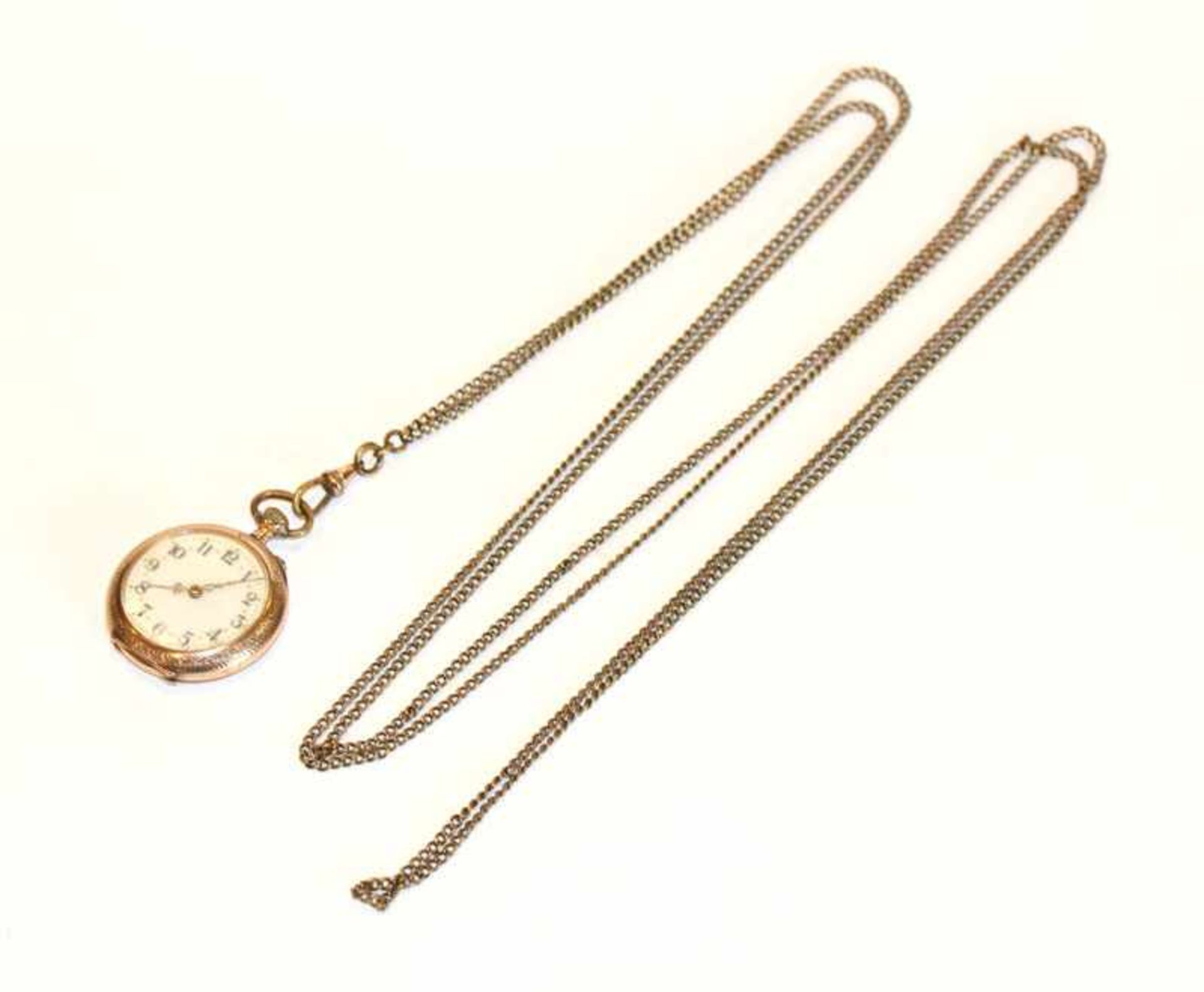 14 k Gelbgold Taschenuhr, intakt, Rückseitig fein graviert, D 3 cm, an langer Doublékette, L 140 cm