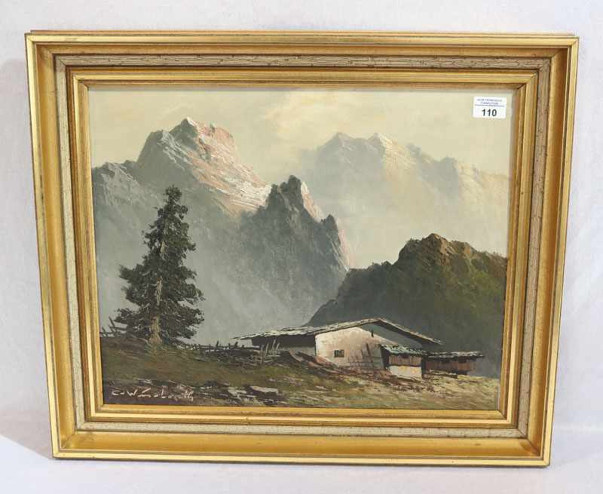 Gemälde ÖL/LW 'Hütte im Hochgebirge, signiert C. Weiss-Loreth, Deutscher Maler, gerahmt, Rahmen