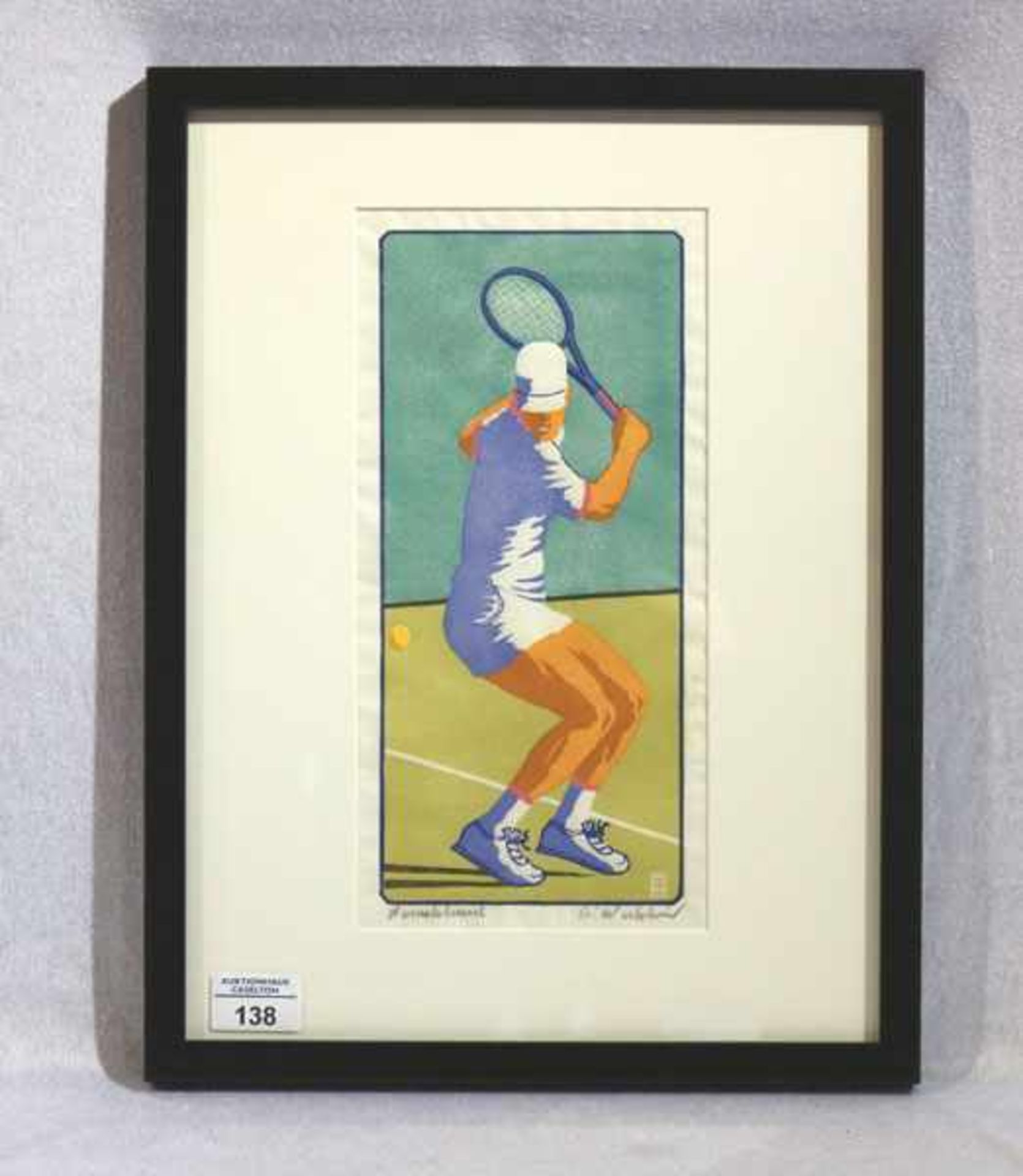 Original Holzschnitt 'Tennisspieler', signiert Peter Waldner, Tirol, mit Passepartout unter Glas