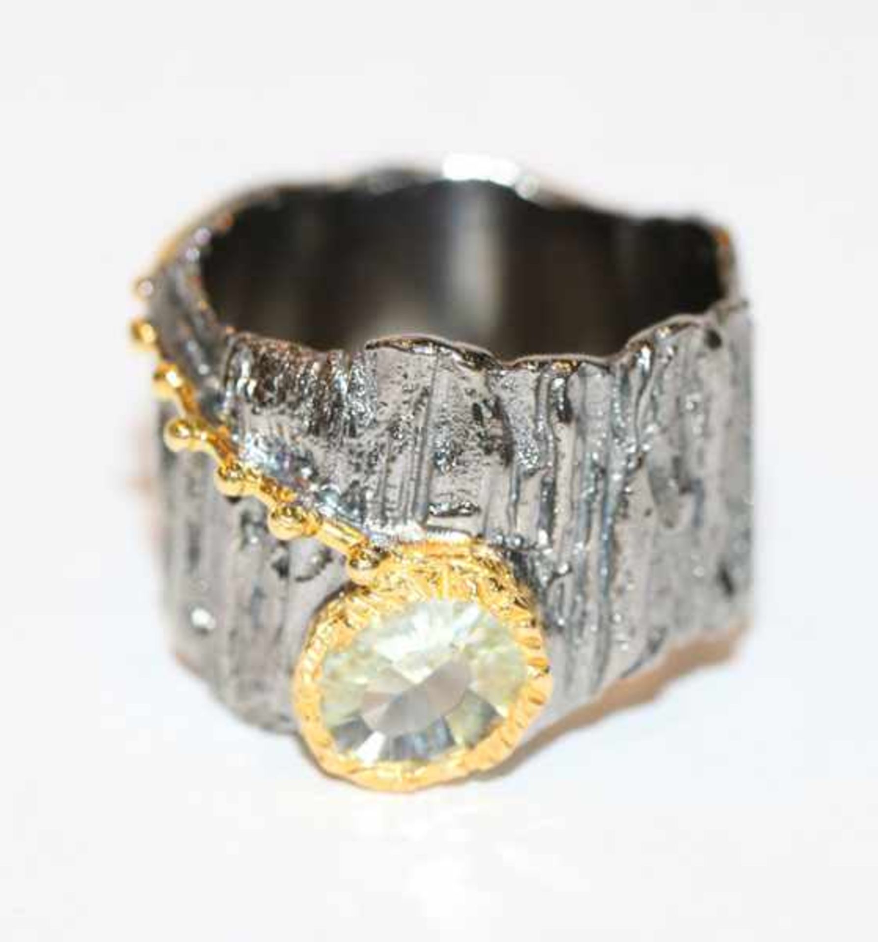 Silber Designer Ring in Baumrinden-Optik, teils vergoldet mit Lemonenquarz, Gr. 58, ausgefallene