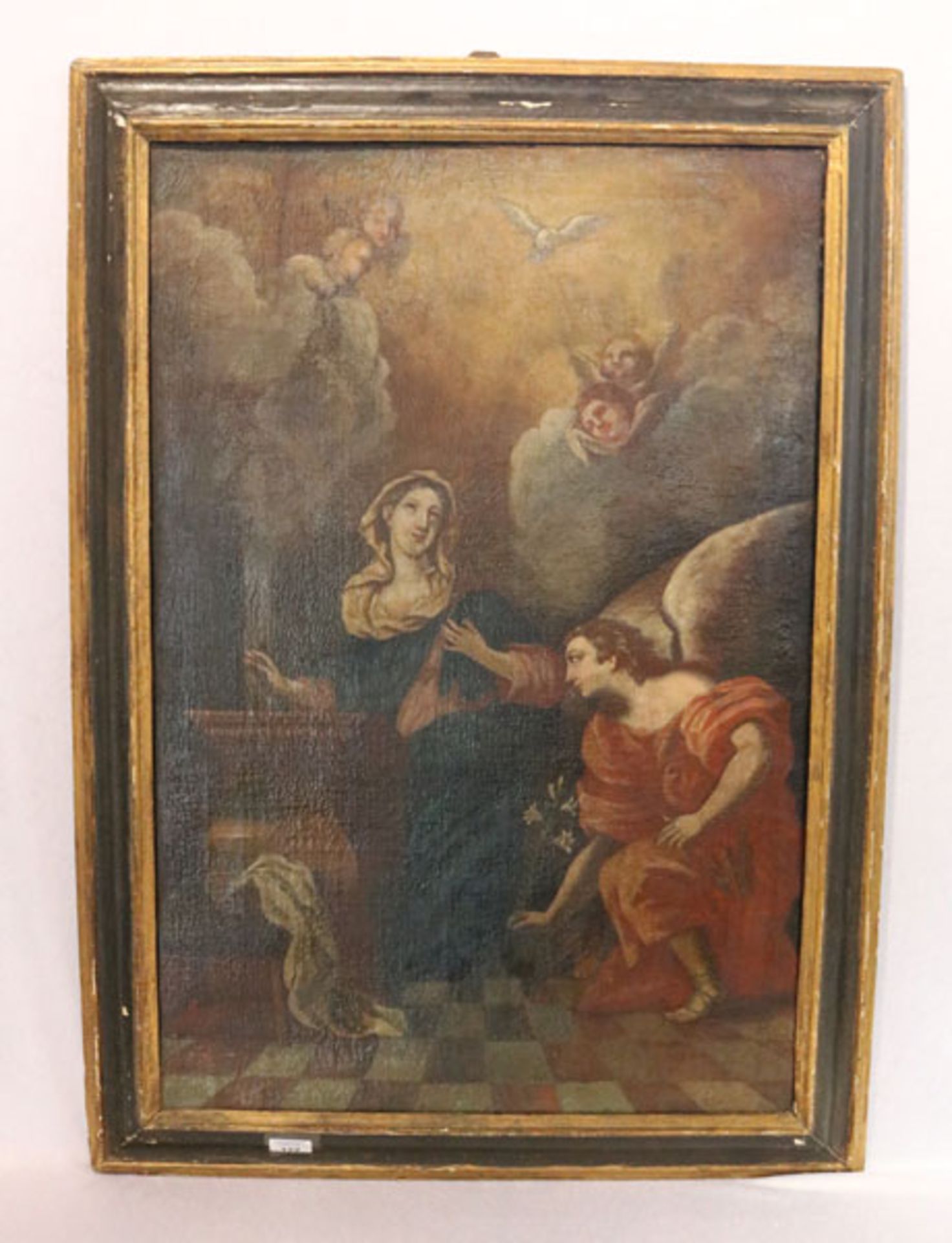 Gemälde ÖL/LW 'Mariadarstellung mit Putten', 18. Jahrhundert, LW doubliert, Altersspuren, gerahmt,