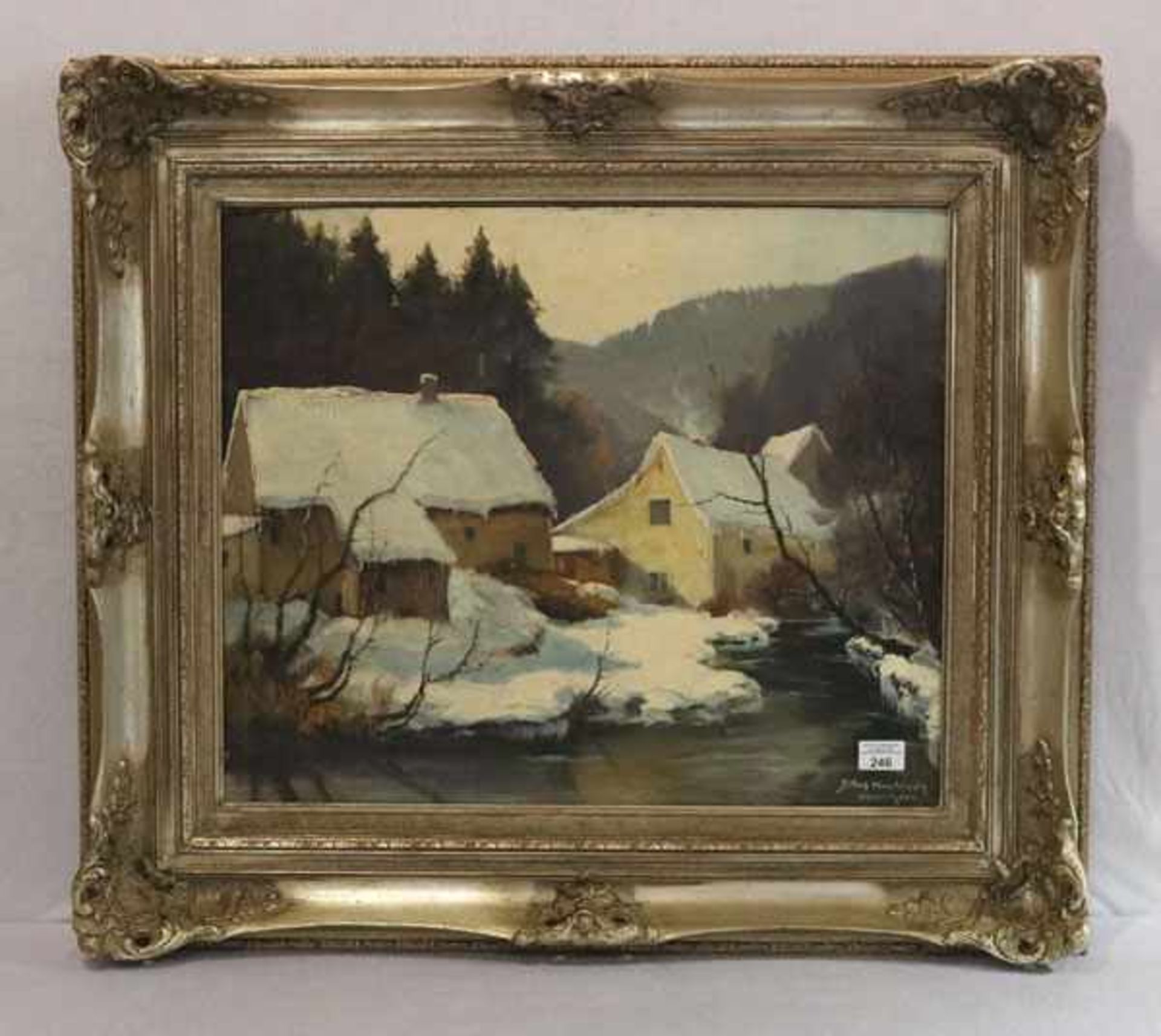 Gemälde ÖL/Malkarton 'Winterlandschaft mit Häuser', signiert Rolf Knobloch, München, * 1891