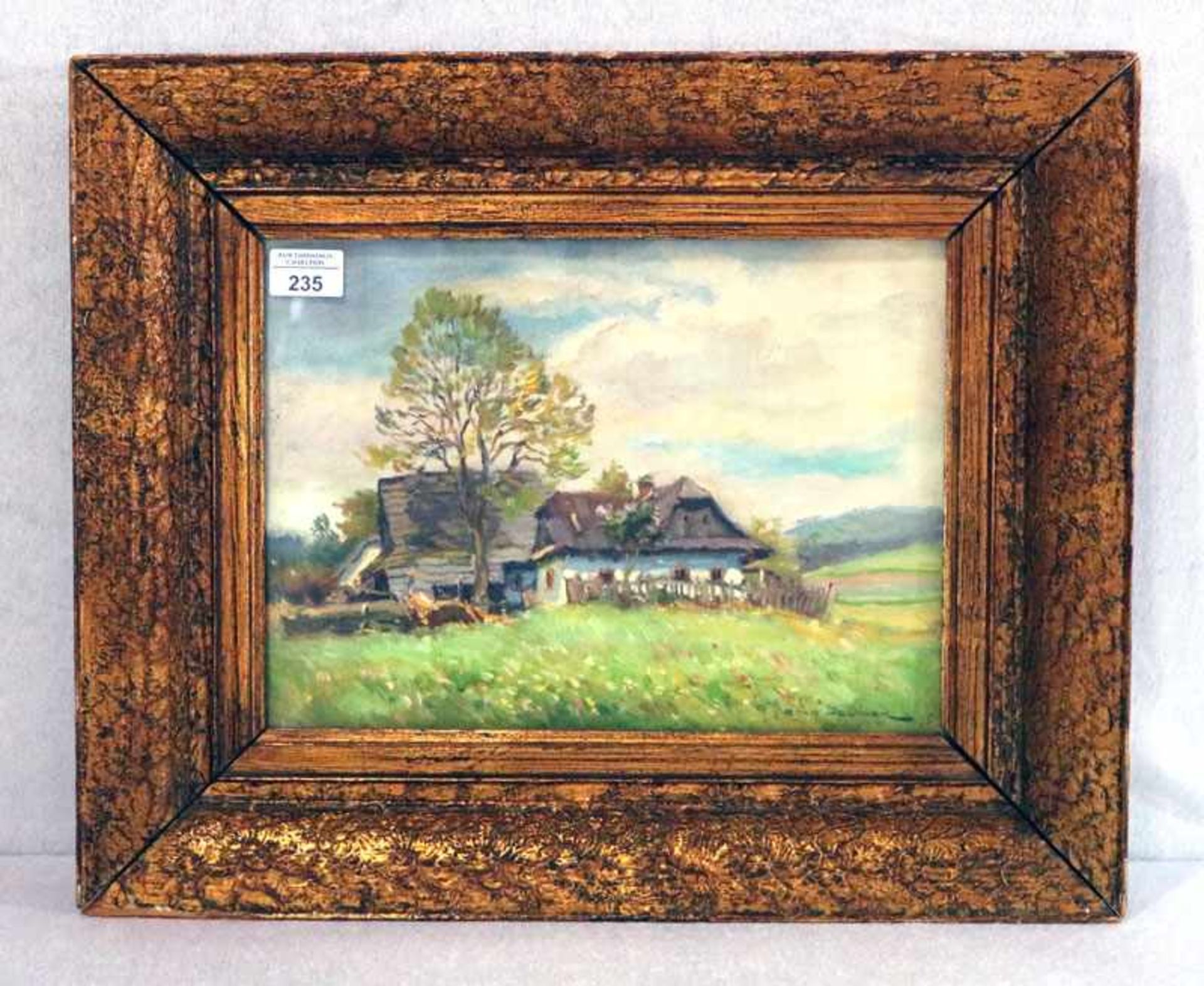 Gemälde ÖL/Karton 'Bauernhaus', signiert Tina Jelinek, (Ernestine), * 1884 Berg, Reichenstein,