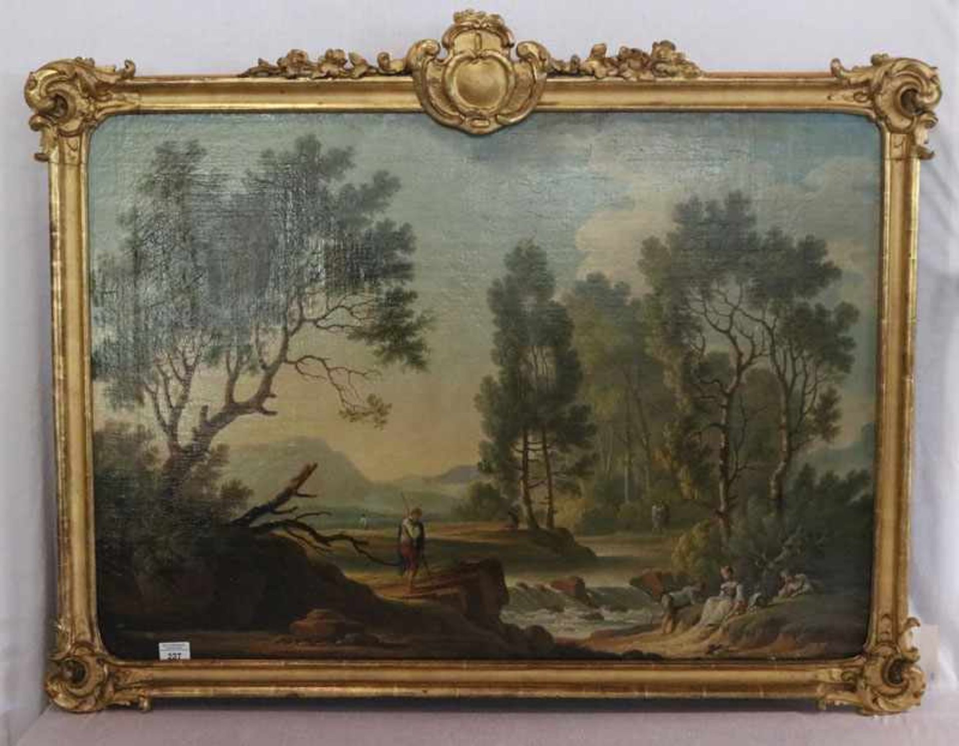 Gemälde ÖL/LW auf Holz 'Flußlandschaft mit Figurenstaffage', unbekannter Maler um 1800,