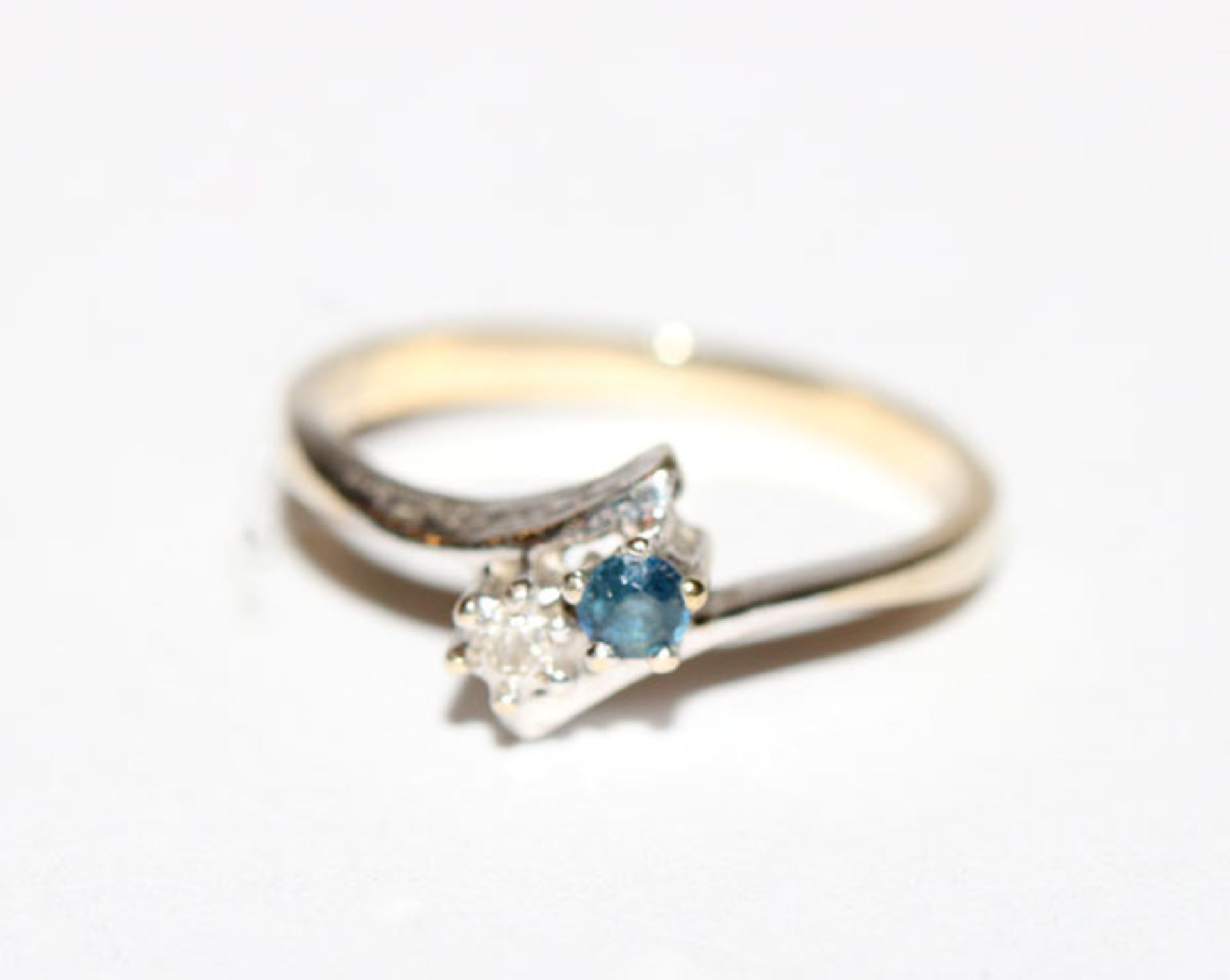 14 k Weiß- und Gelbgold Ring mit Safir und Diamant, Gr. 50