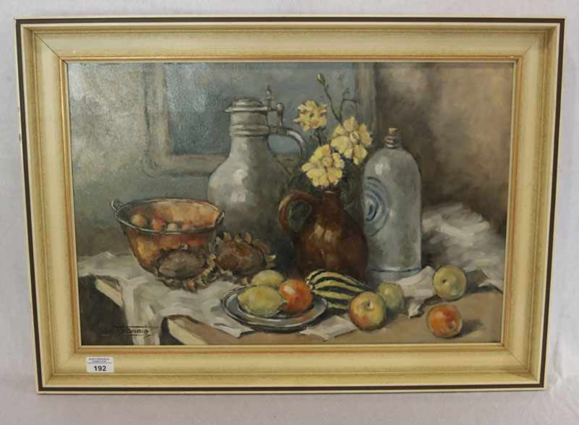 Gemälde ÖL/Hartfaser 'Stillleben mit Obst', signiert Wolf Hellmaier, * 1917, gerahmt, Rahmen