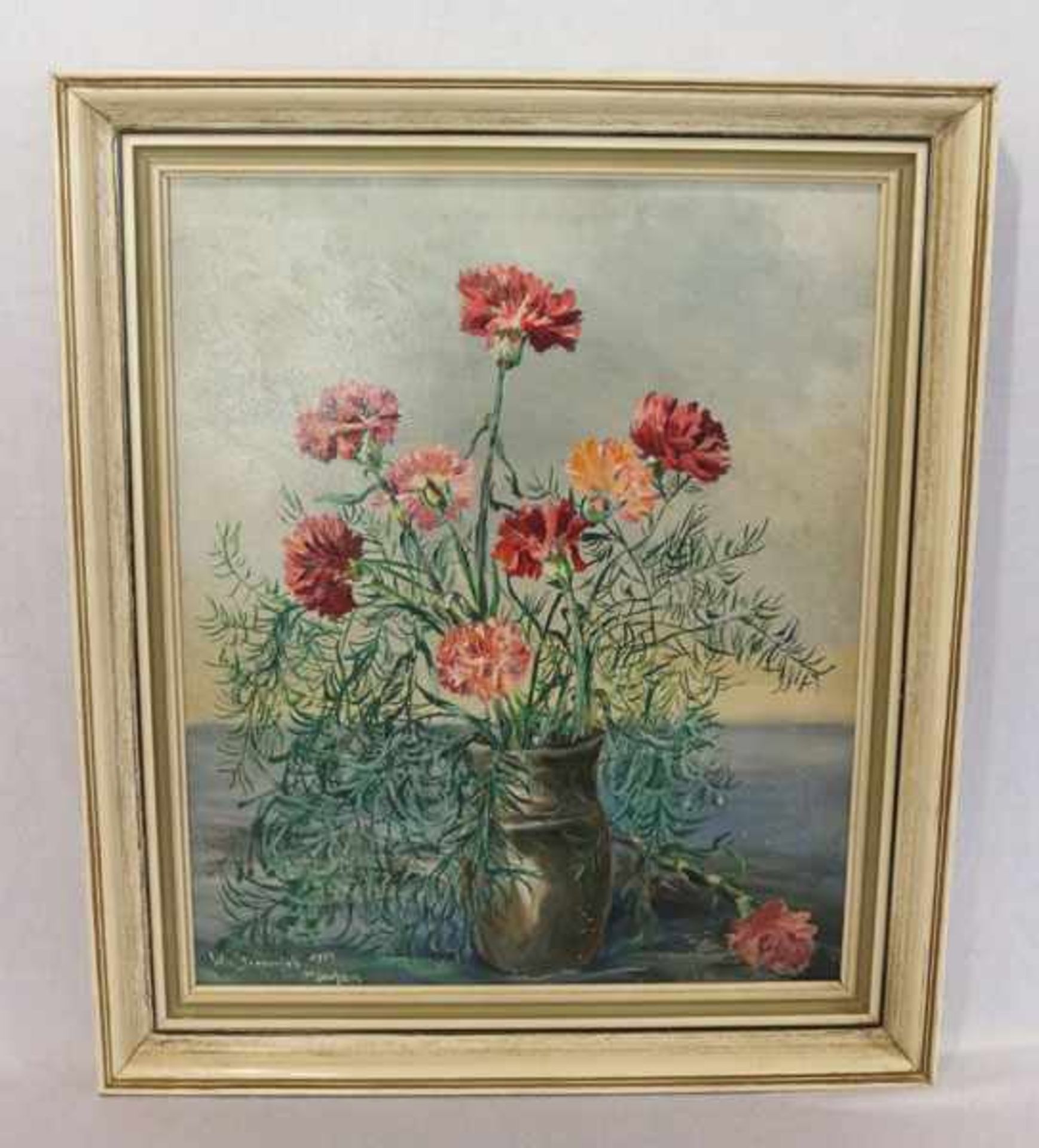 Gemälde ÖL/LW 'Nelken in Vase', signiert W. v. Sternenfels, 1957 München, gerahmt, Rahmen bestossen,