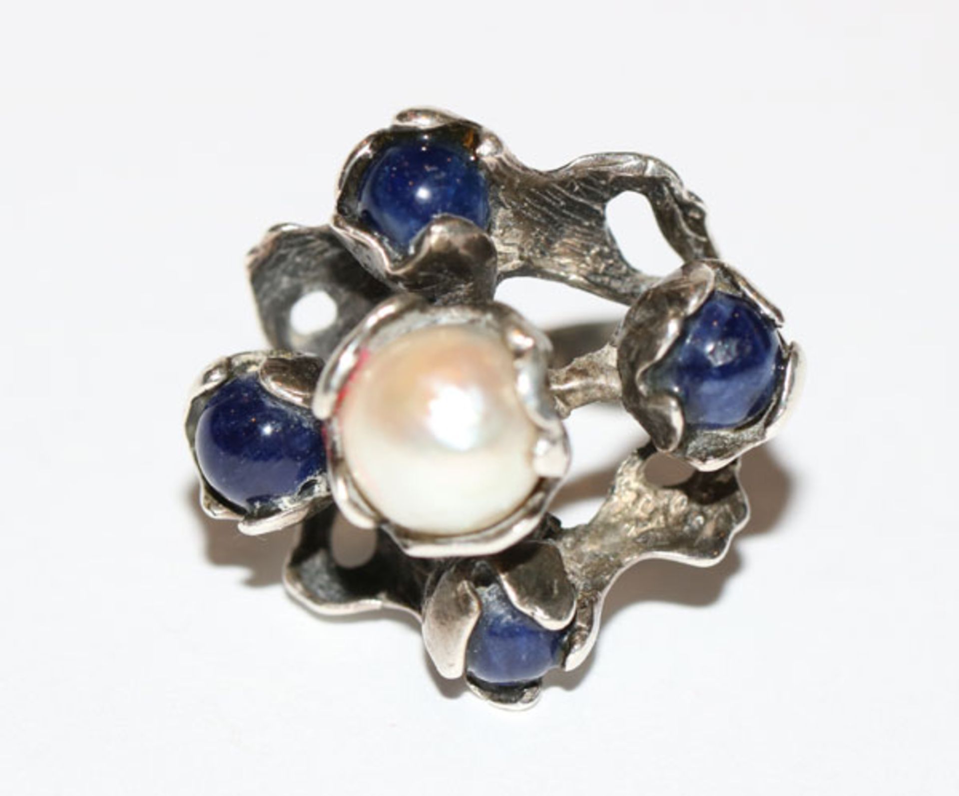 Silber Designer Ring mit Perle und 4 Lapislazulikugeln, Gr. 56