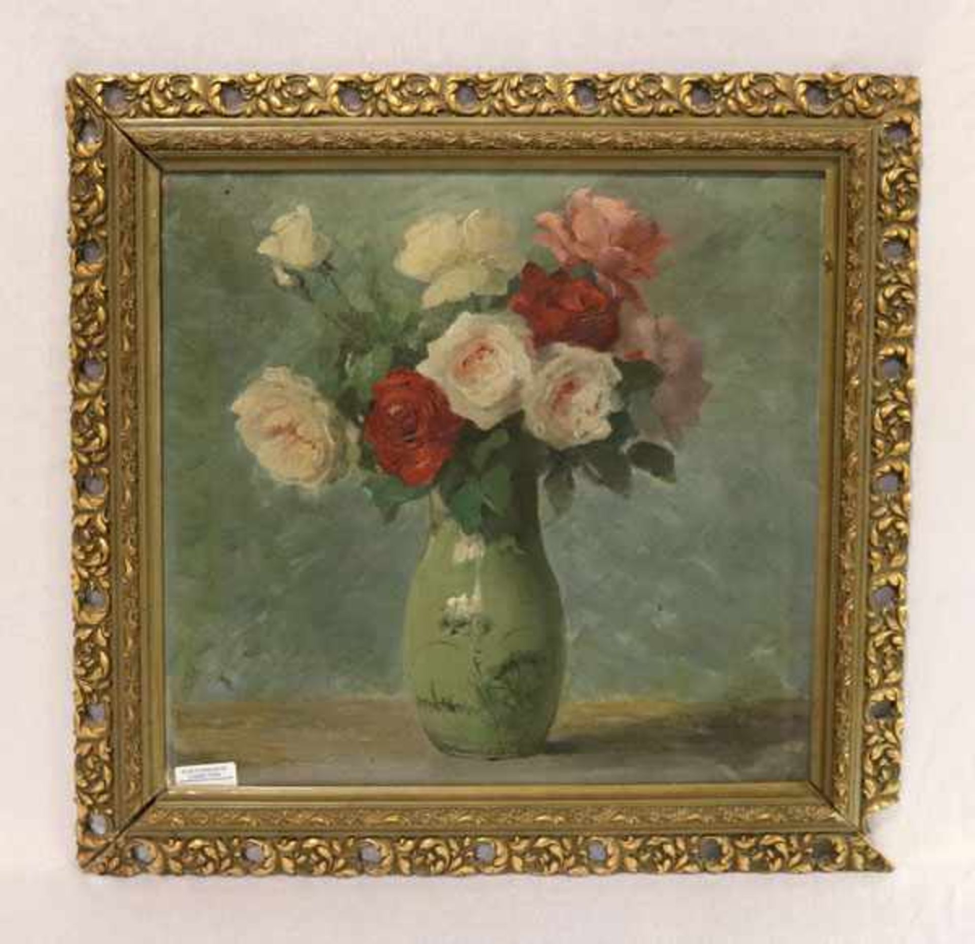 Gemälde ÖL/LW 'Rosen in Vase', gerahmt, Rahmen stark beschädigt, incl. Rahmen 50 cm x 52 cm