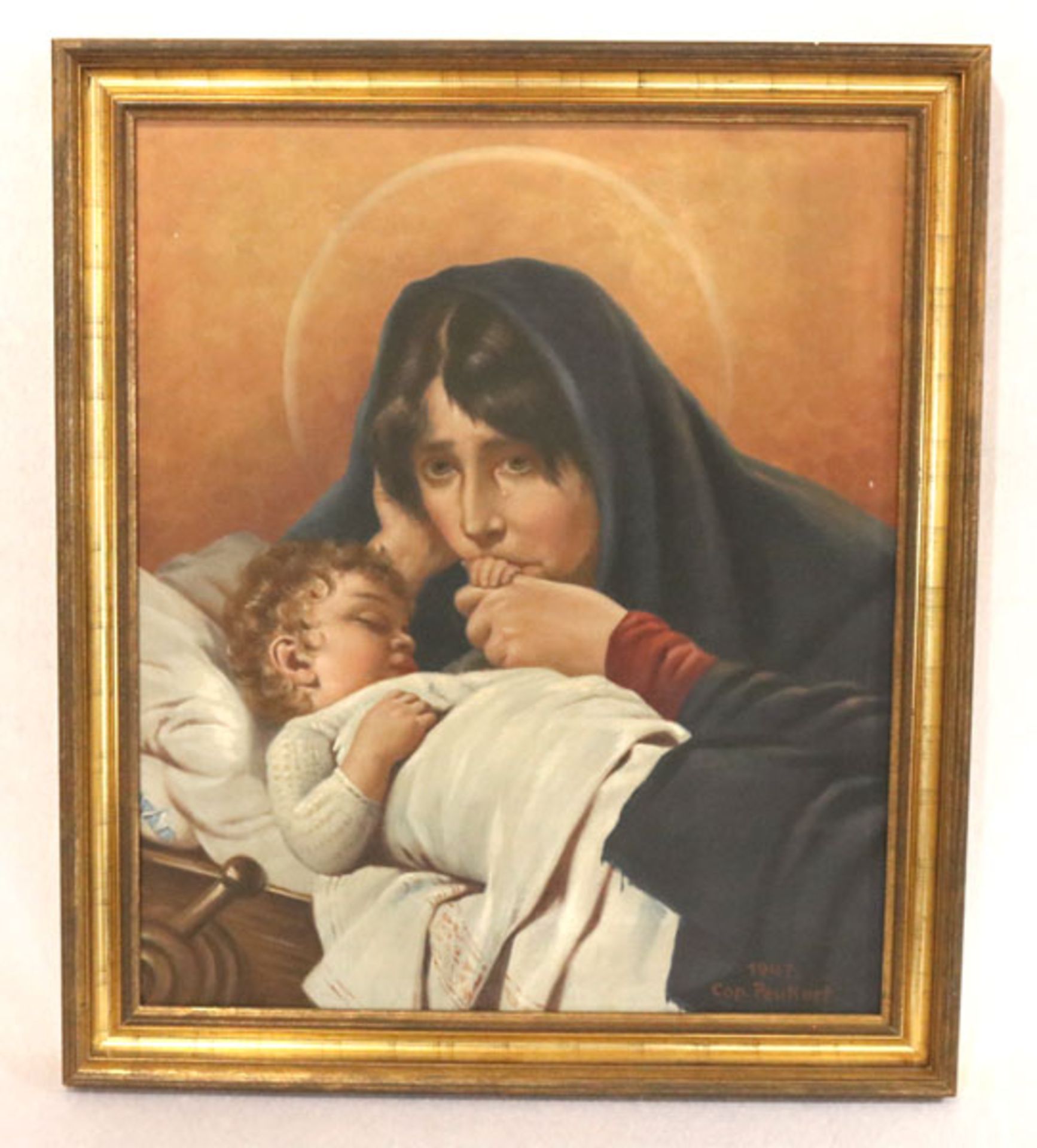 Gemälde ÖL/LW 'Mutter mit Kind', Cop. Peukort, 1947, gerahmt, Rahmen leicht bestossen, incl.