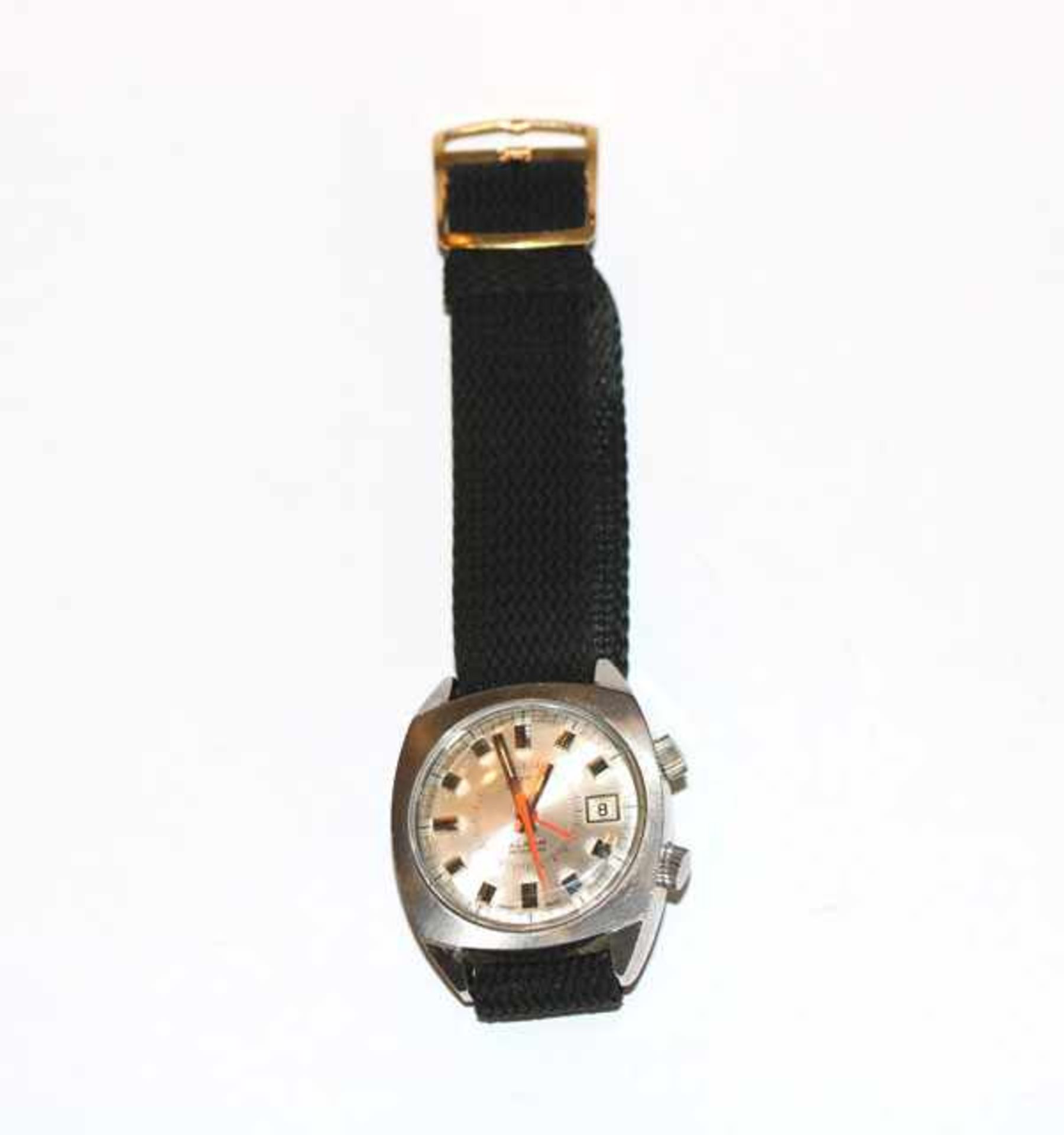 ARSA Armbanduhr mit Datum und Wecker, mechanisches Werk um 1970, intakt, an schwarzem Armband