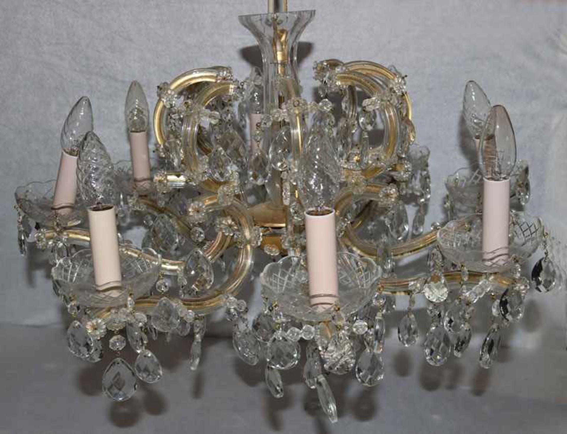 Kristall Hängelampe, 8-armig, Glasprismen, H 86 cm, D 65 cm, Gebrauchsspuren