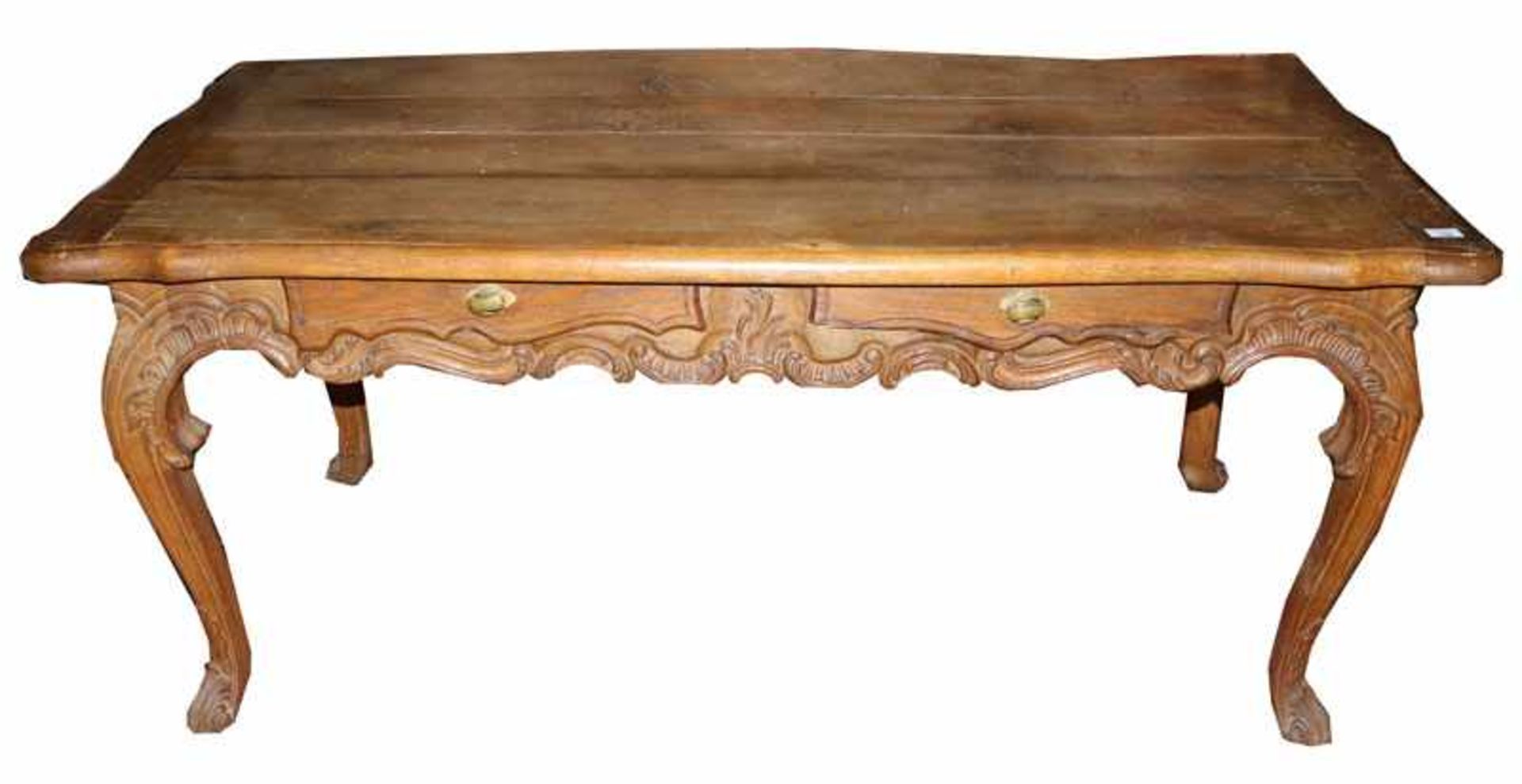 Tisch, 18./19. Jahrhundert, Eiche, Korpus mit 2 Schüben auf geschwungenen Beinen, mit Muschelwerk