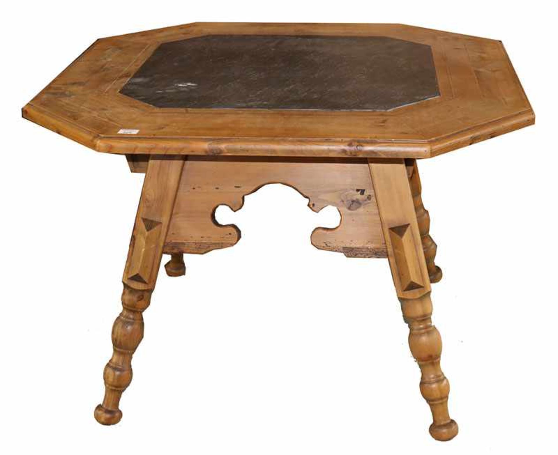 Tisch in achteckiger Form mit Schieferplatte, Korpus mit einer Schublade, gedrechselte Beine, um