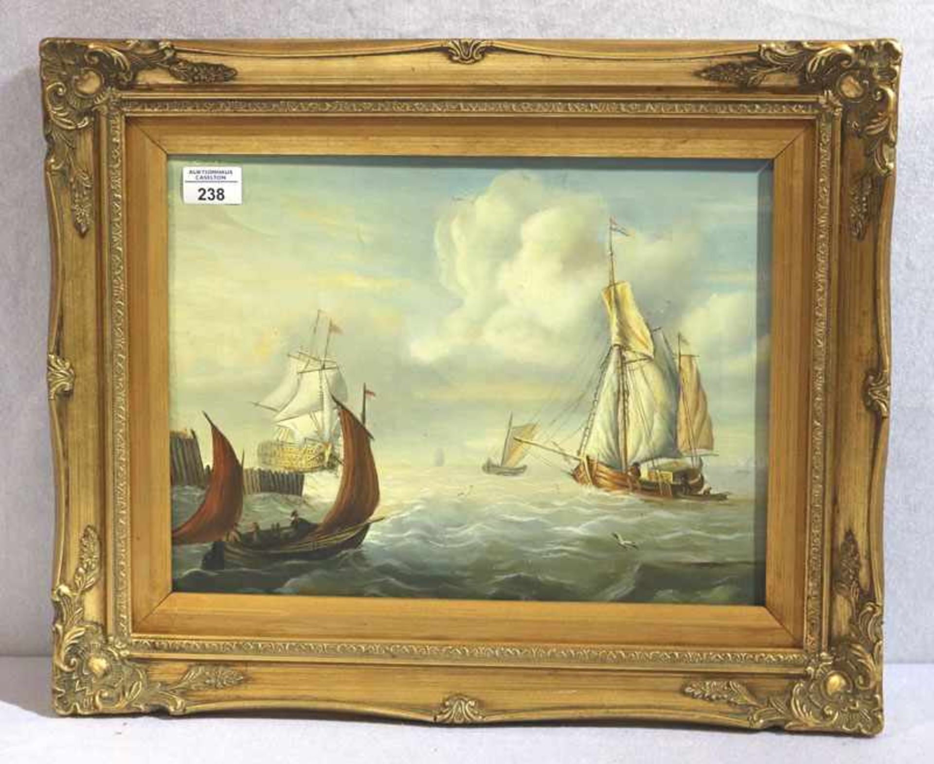 Gemälde ÖL/LW 'Meeres-Szenerie mit Segelboote', gerahmt, Rahmen leicht bestossen, incl. Rahmen 44 cm