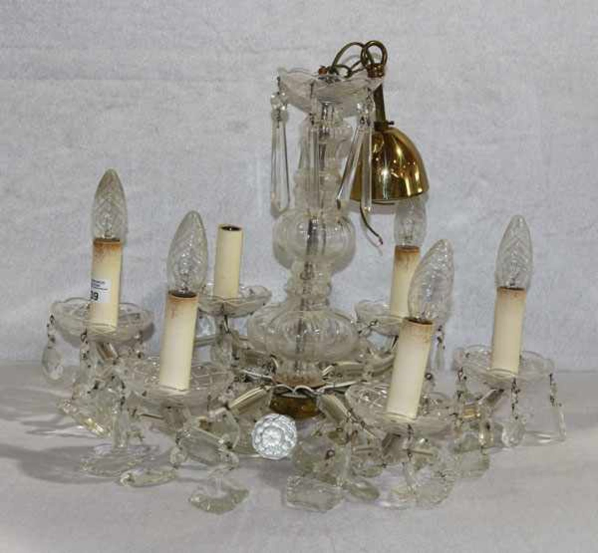 Kristall Hängelampe, 6-armig mit Glasprismen, H 60 cm, D 60 cm, Gebrauchsspuren
