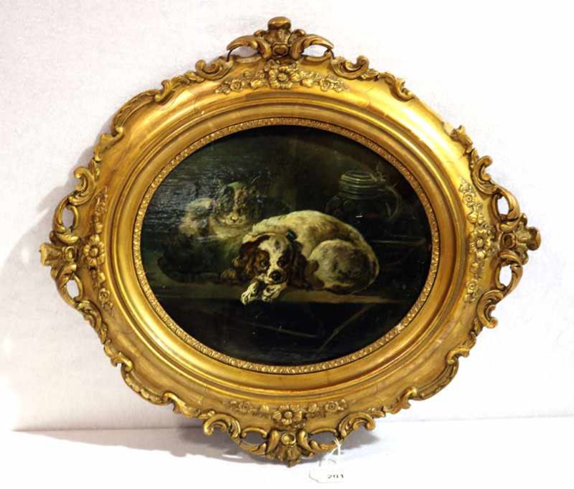 Gemälde ÖL/Papier und Holz 'Hund und Katz', um 1900, oval gerahmt, Rahmen beschädigt, incl. Rahmen