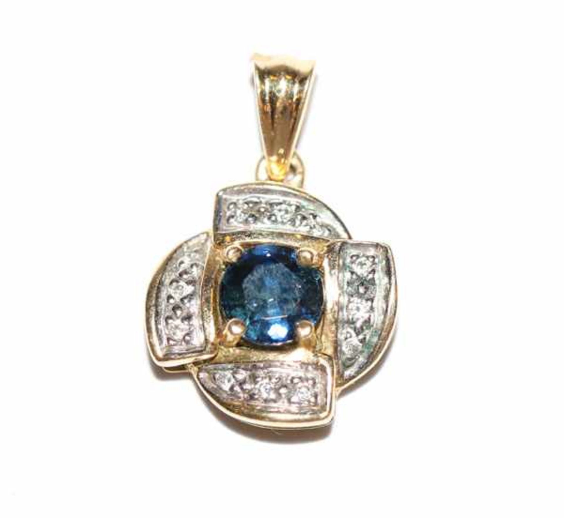 18 k Gelbgold Anhänger mit Safir und in Weißgold gefaßten Diamanten, L 2 cm