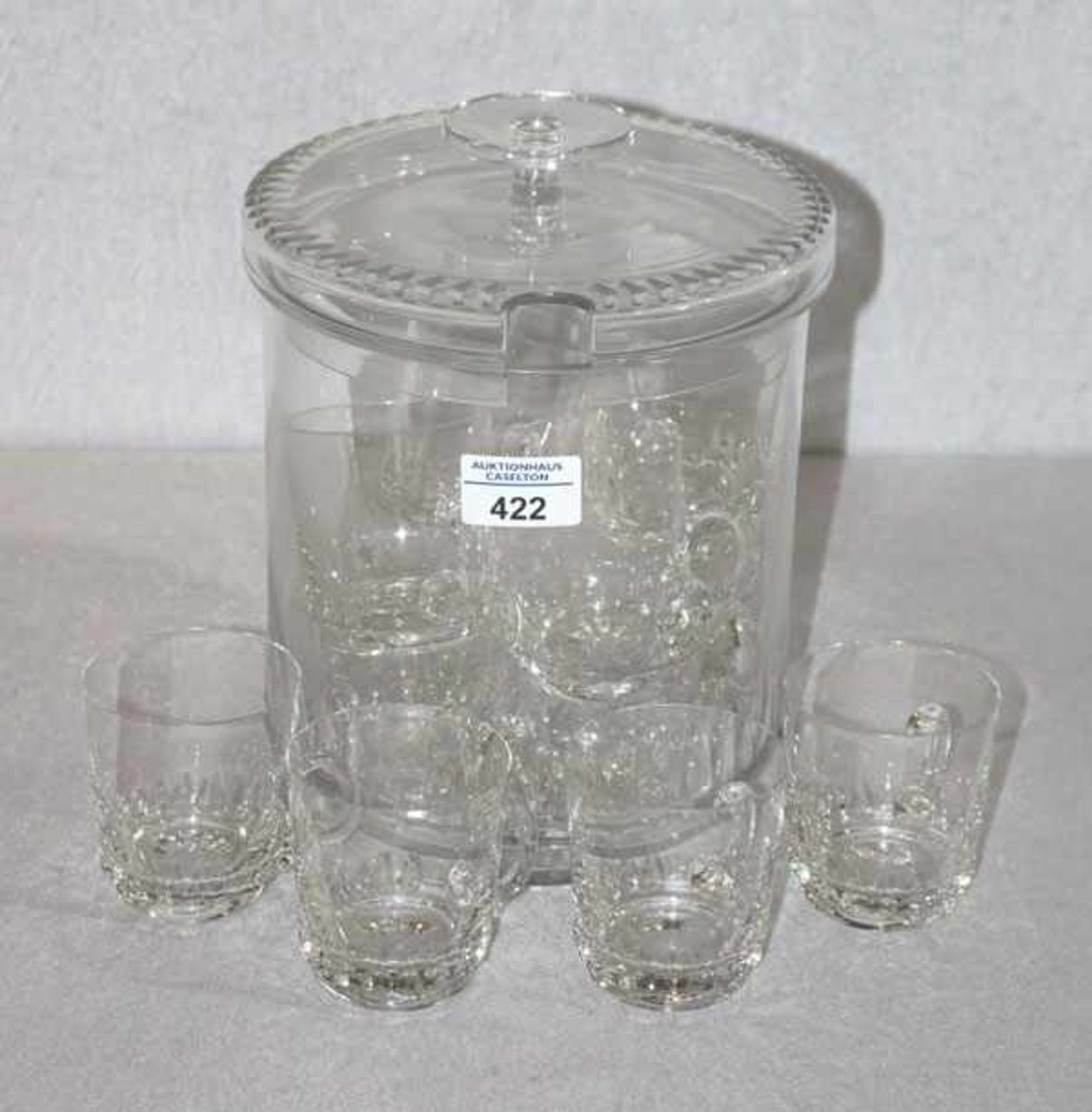 Glasbowle mit 12 Henkelbecher, Schliffdekor, Bowle H 25 cm, D 20 cm, Becher H 8 cm, D 7 cm, gut