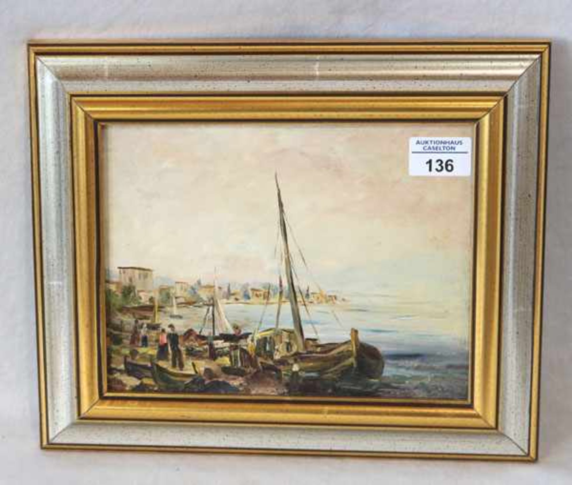Gemälde ÖL/Hartfaser 'Hafen-Szenerie', gerahmt, Rahmen leicht bestossen, incl. Rahmen 27 cm x 32 cm