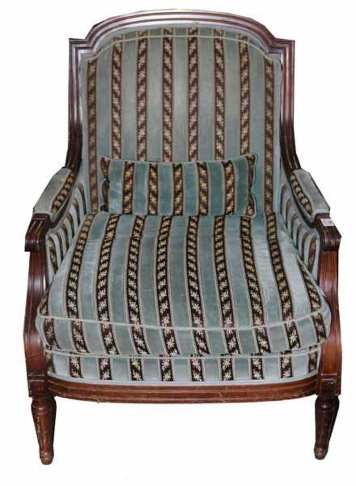 Sessel, gepolstert und blau/braun/beige bezogen, H 92 cm, B 69 cm, T 54 cm, Gebrauchsspuren