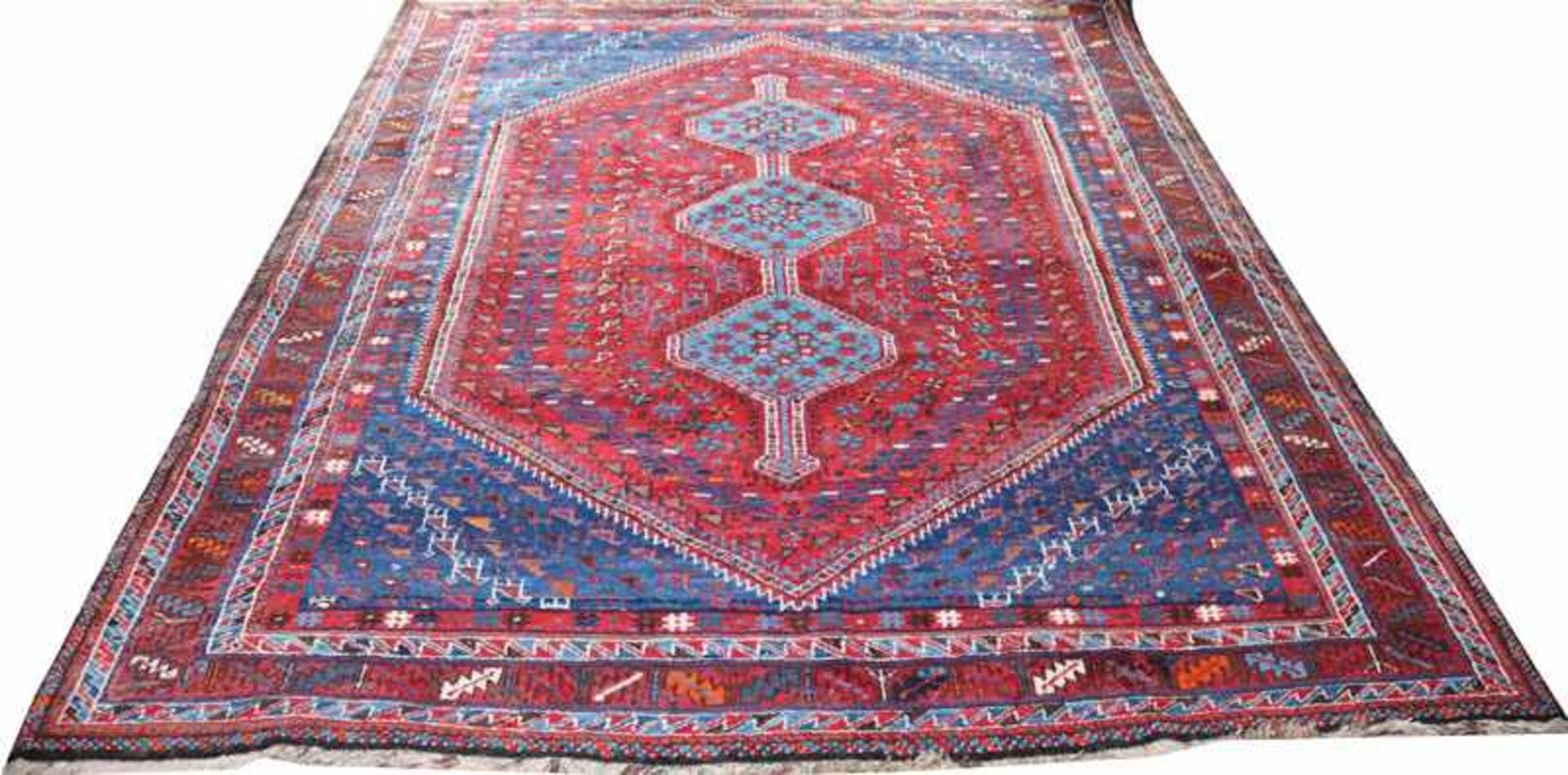 Teppich, rot/blau, Gebrauchsspuren, 285 cm x 210 cm