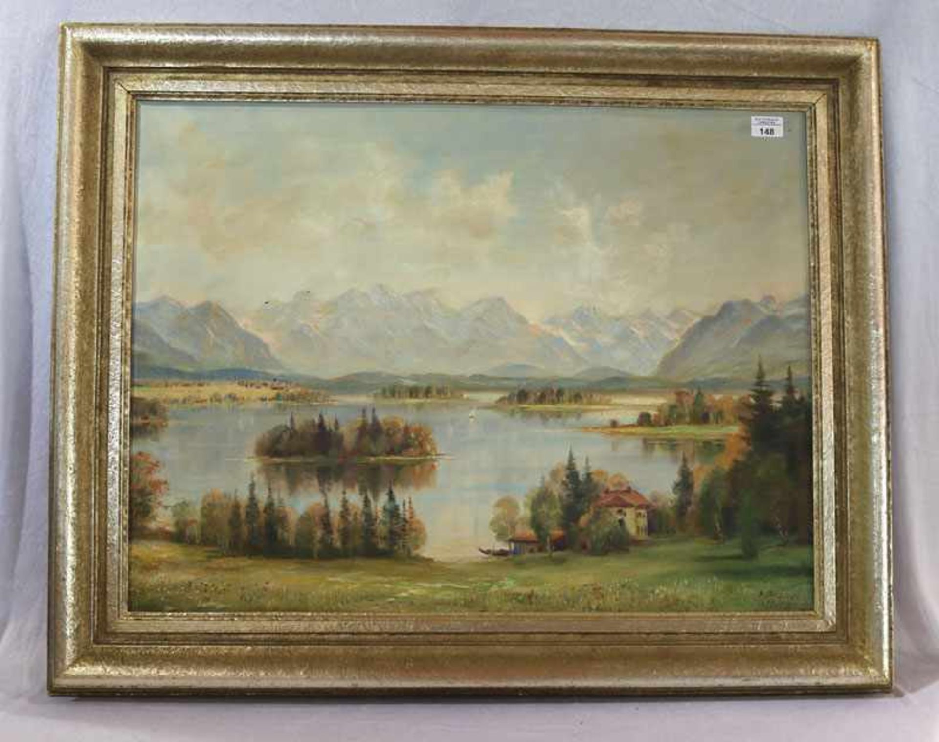 Gemälde ÖL/LW 'Staffelsee vor Gebirgs-Szenerie', signiert J. Brandl, Uffing, benötigt Reinigung,