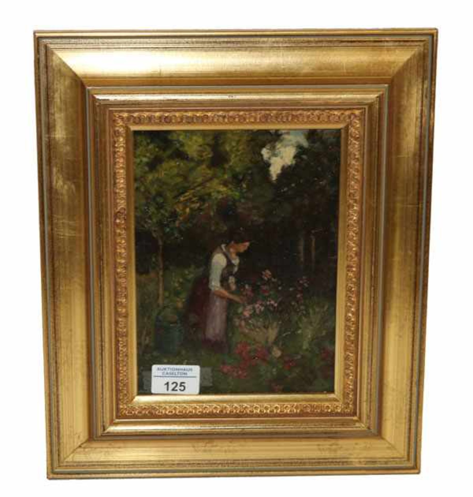 Gemälde ÖL/Malkarton 'Im Rosengarten', rückseitig vom Künstler bezeichnet H. Deuchert, * 1840