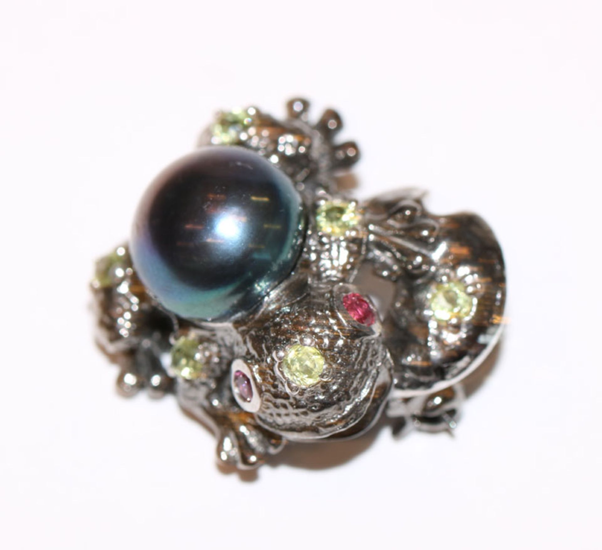 Silber Brosche in Form eines Frosches mit Perle, Rubin und Peridot, ausgefallene Handarbeit, 2,5