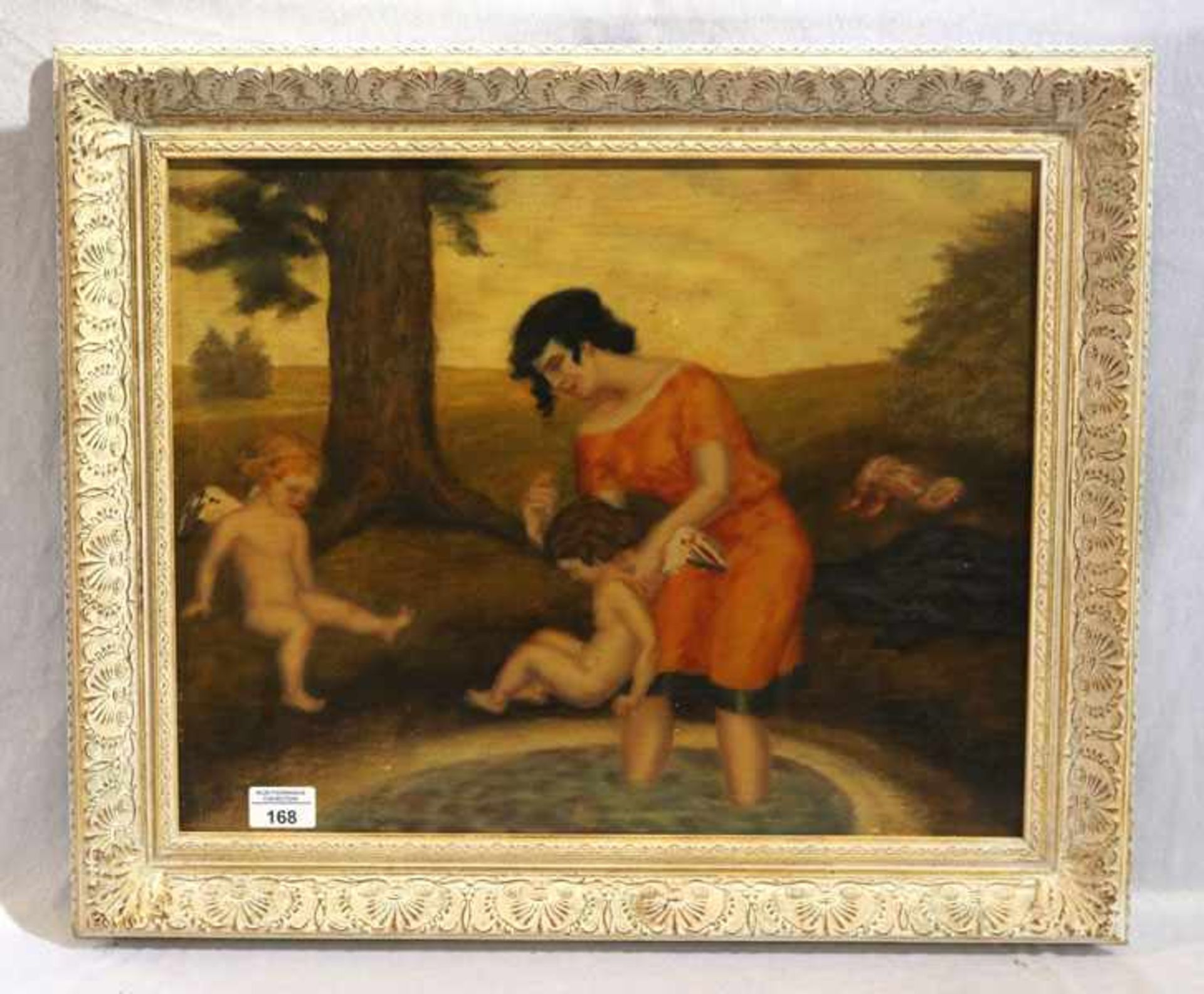 Gemälde ÖL/Holz 'Putto wird gebadet', signiert Paulus Adam, datiert 1926, * 1892 München + 1956