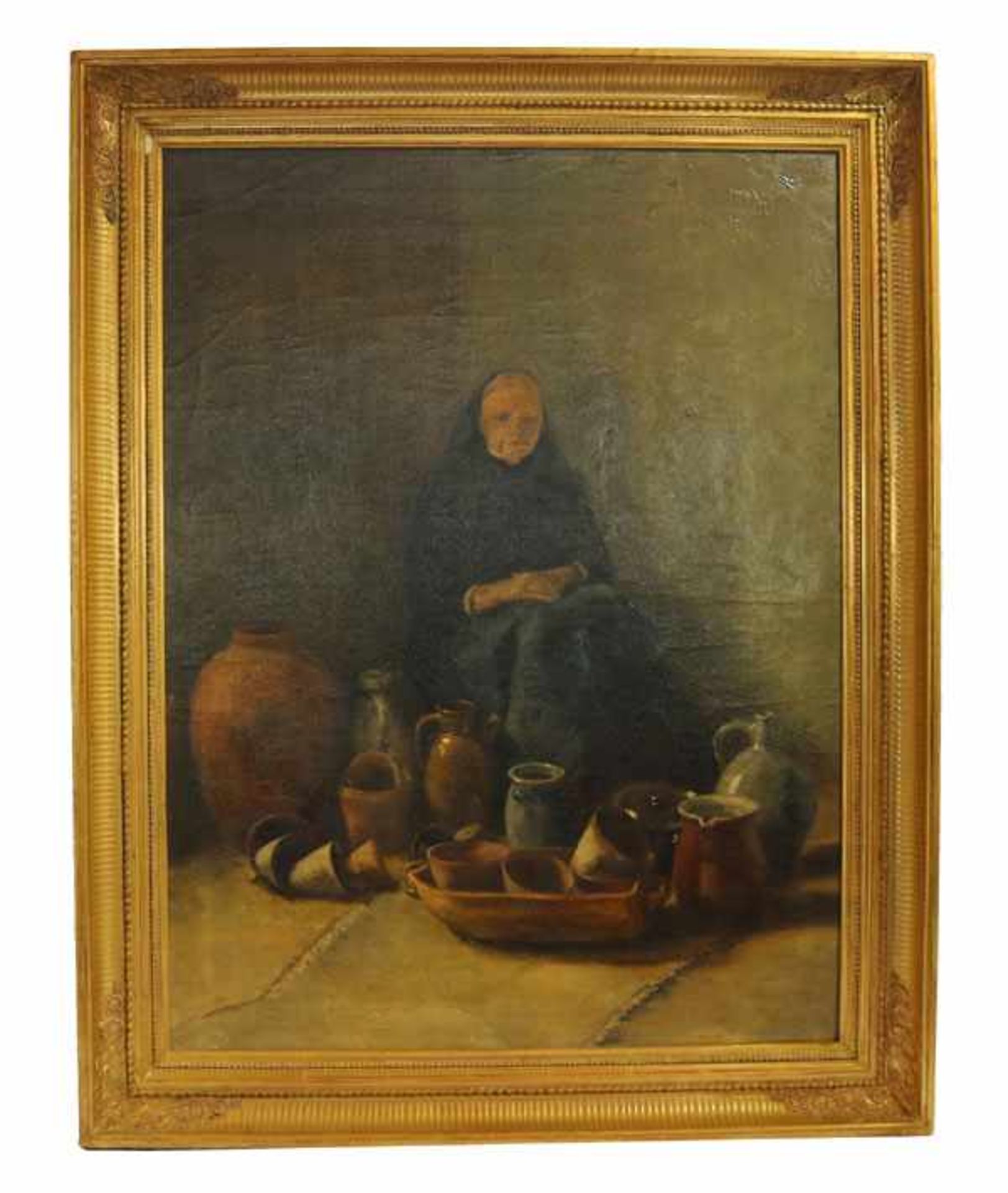 Gemälde ÖL/LW 'Großmutter mit Keramiktöpfen', gerahmt, Rahmen beschädigt, incl. Rahmen 97 cm x 76