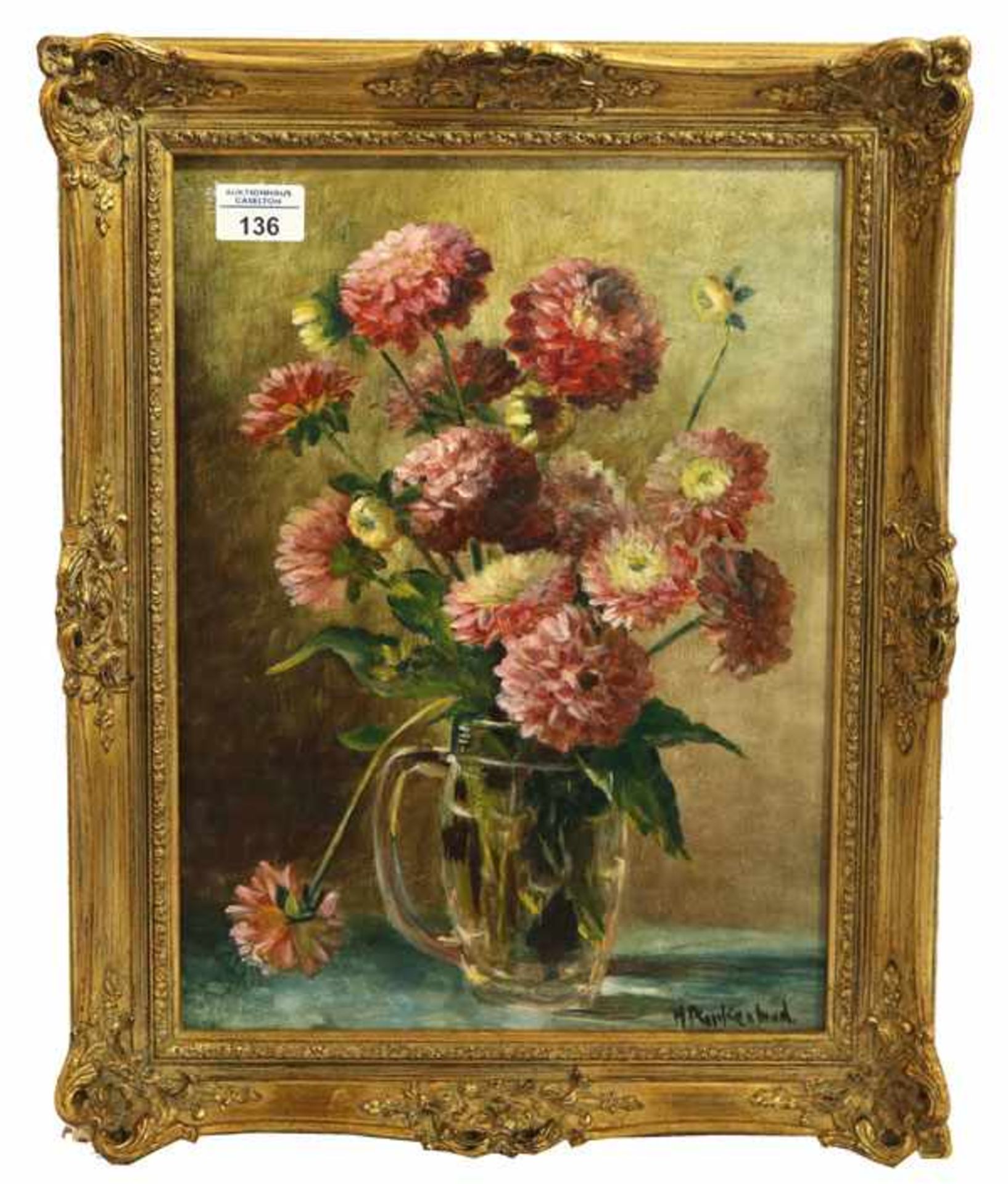 Gemälde ÖL/Hartfaser 'Dahlien in Vase', signiert H. Ruckenbrod ?, gerahmt, Rahmen leicht