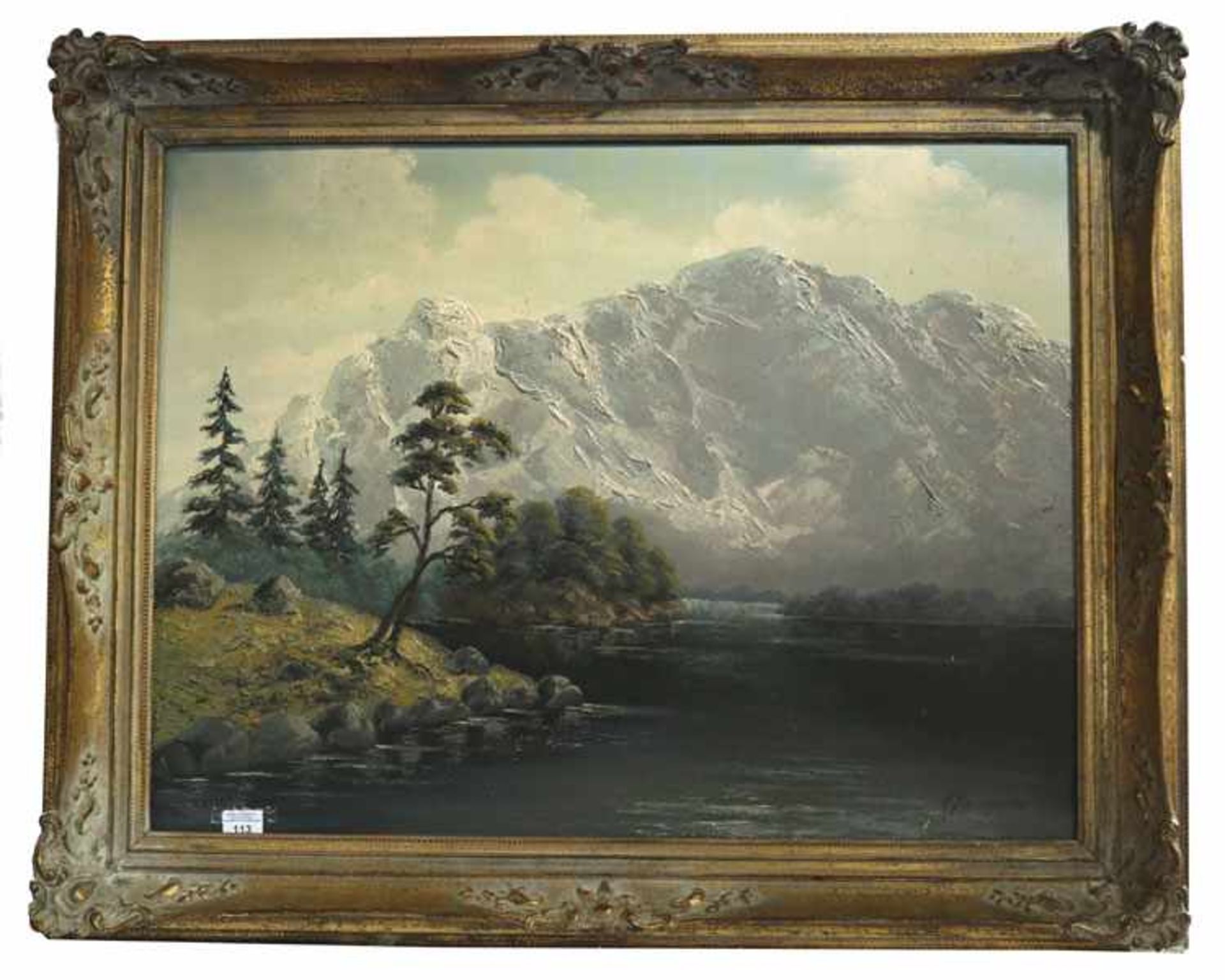 Gemälde ÖL/LW 'Eibsee mit Zugspitze', signiert E. Steiner, Bildoberfläche fleckig und