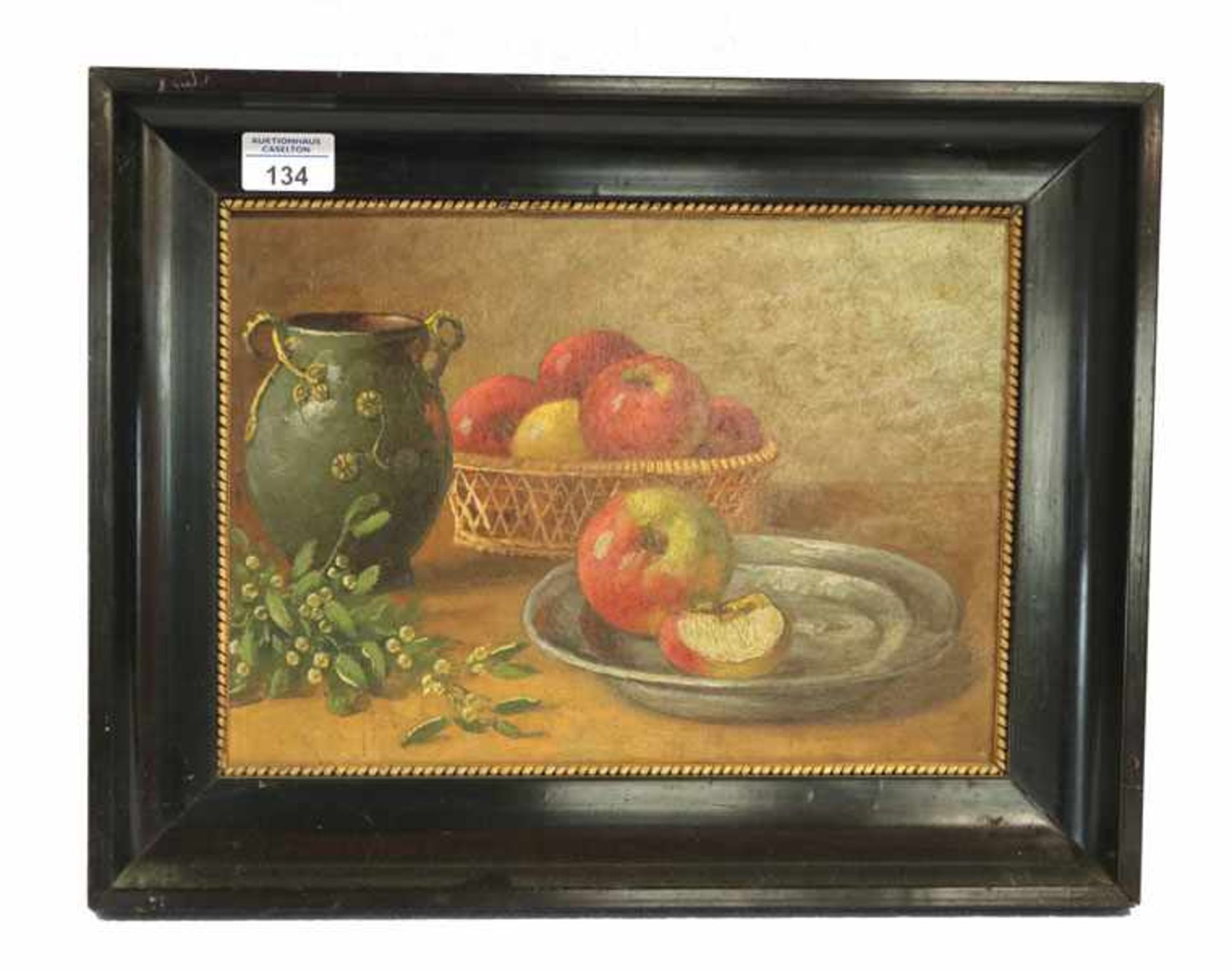 Gemälde ÖL/Malkarton 'Obststillleben mit Krug', gerahmt, Rahmen bestossen, 35 cm x 44 cm