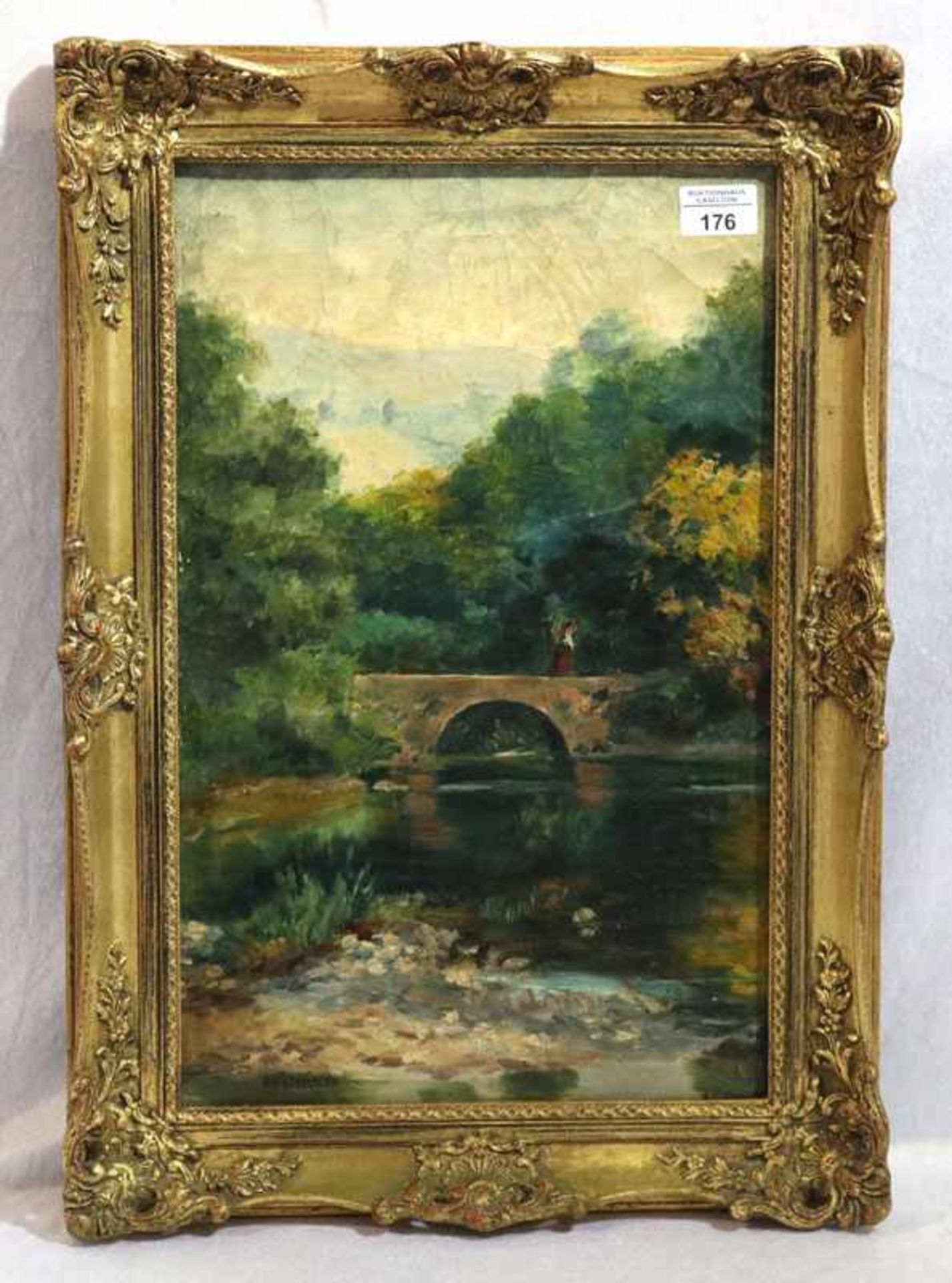 Gemälde ÖL/Malkarton 'Flußlauf mit Brücke', signiert F. D. Schulze, gerahmt, Rahmen leicht berieben,