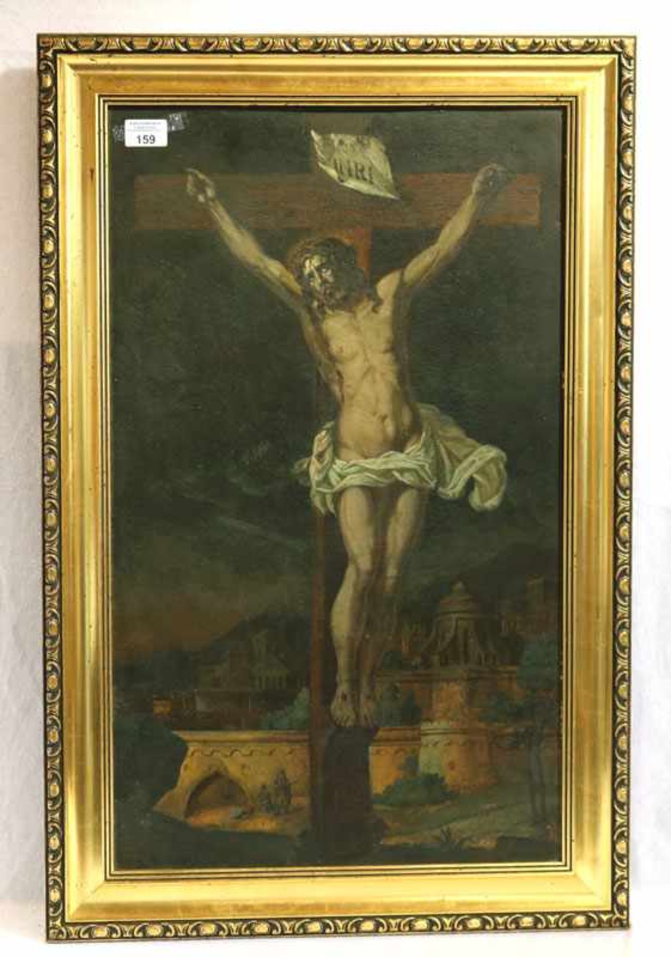 Gemälde ÖL/Malkarton 'Jesus am Kreuz', früh 19. Jahrhundert, gerahmt, Rahmen leicht bestossen, incl.