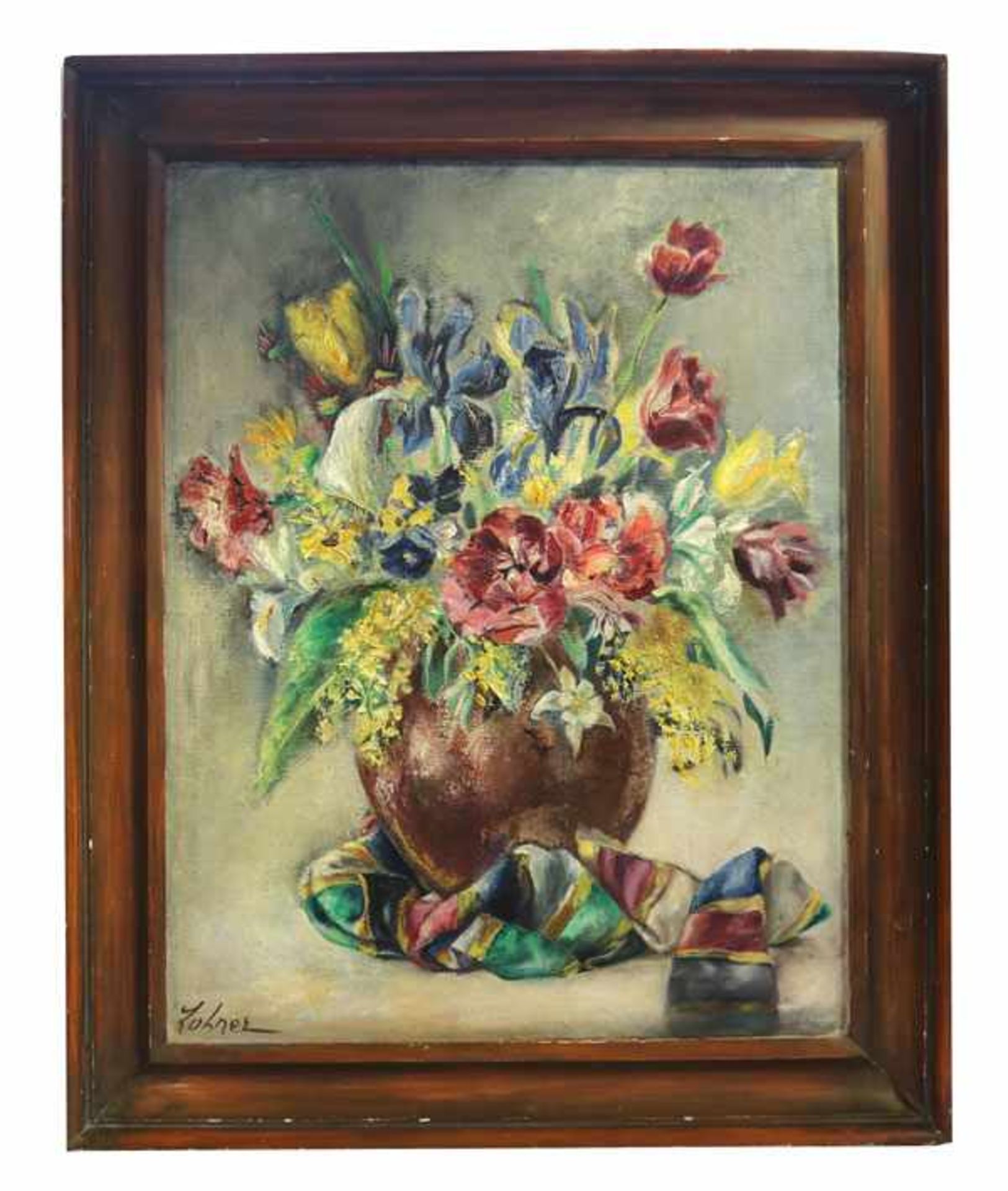 Gemälde ÖL/LW 'Blumenstillleben in Vase', signiert Lohner, gerahmt, Rahmen bestossen, incl. Rahmen